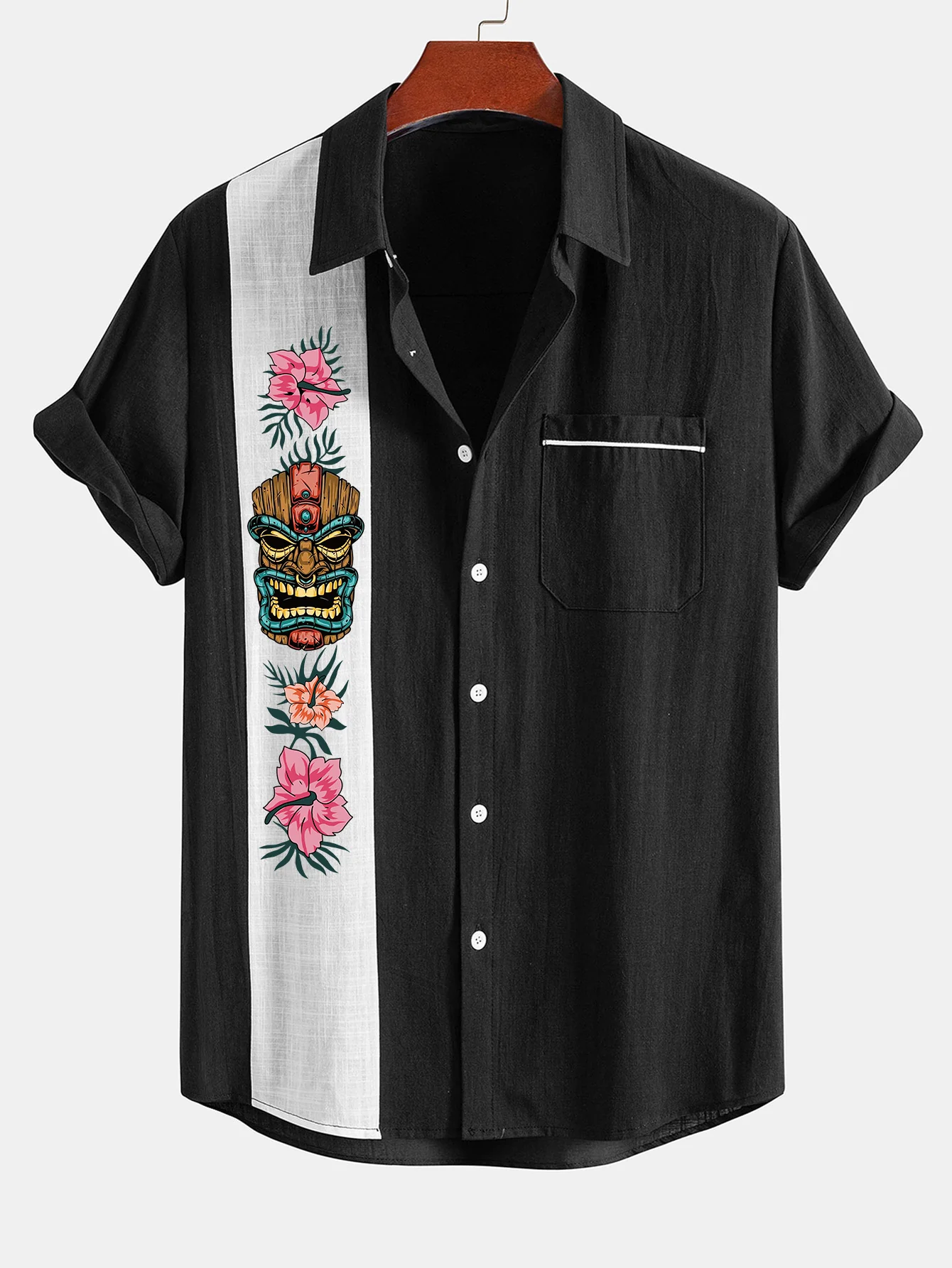 Tiki Tribe Hawaii Druck Leinenlook Kontrast Knopf-Down Hemd - Image 5