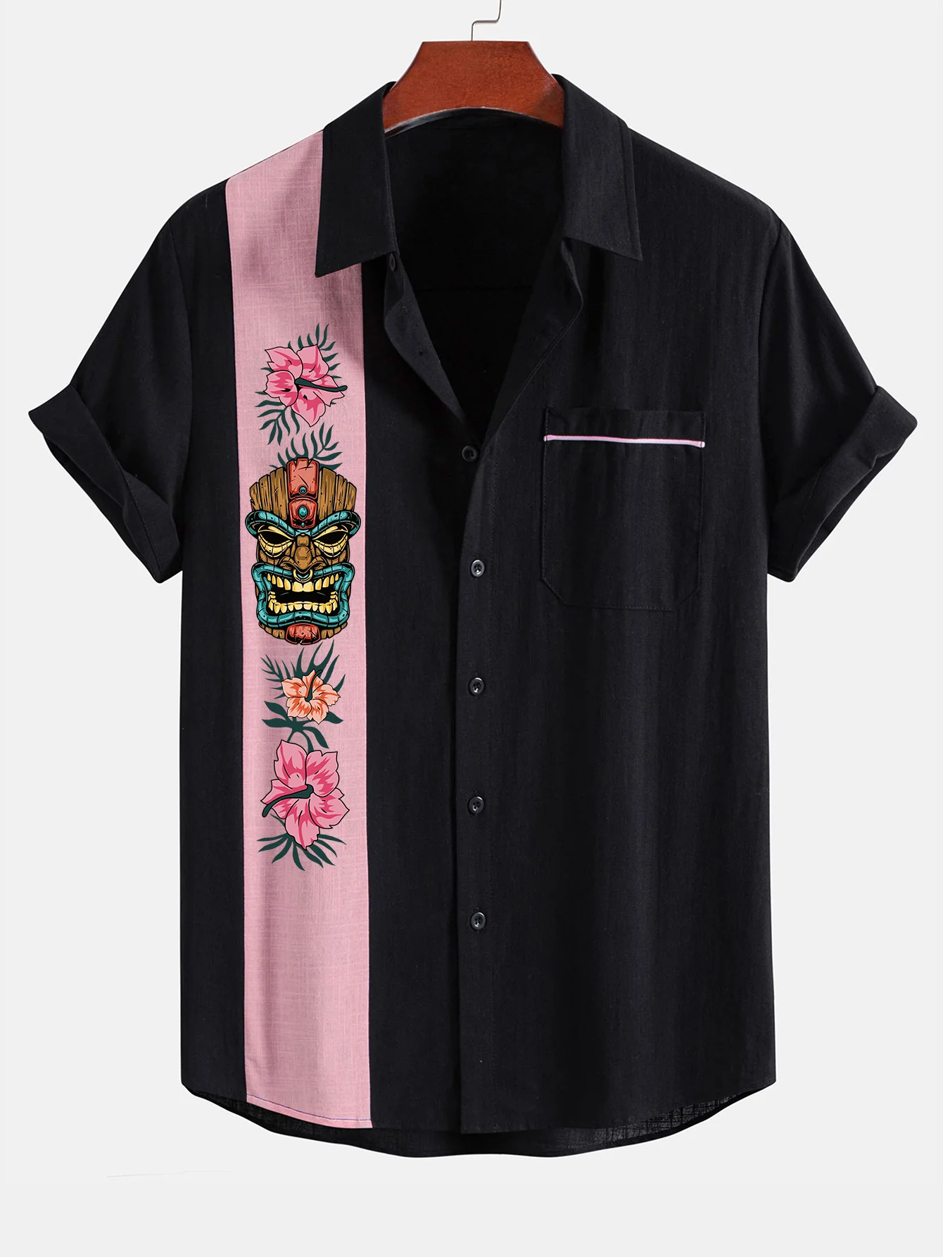 Tiki Tribe Hawaii Druck Leinenlook Kontrast Knopf-Down Hemd - Image 6
