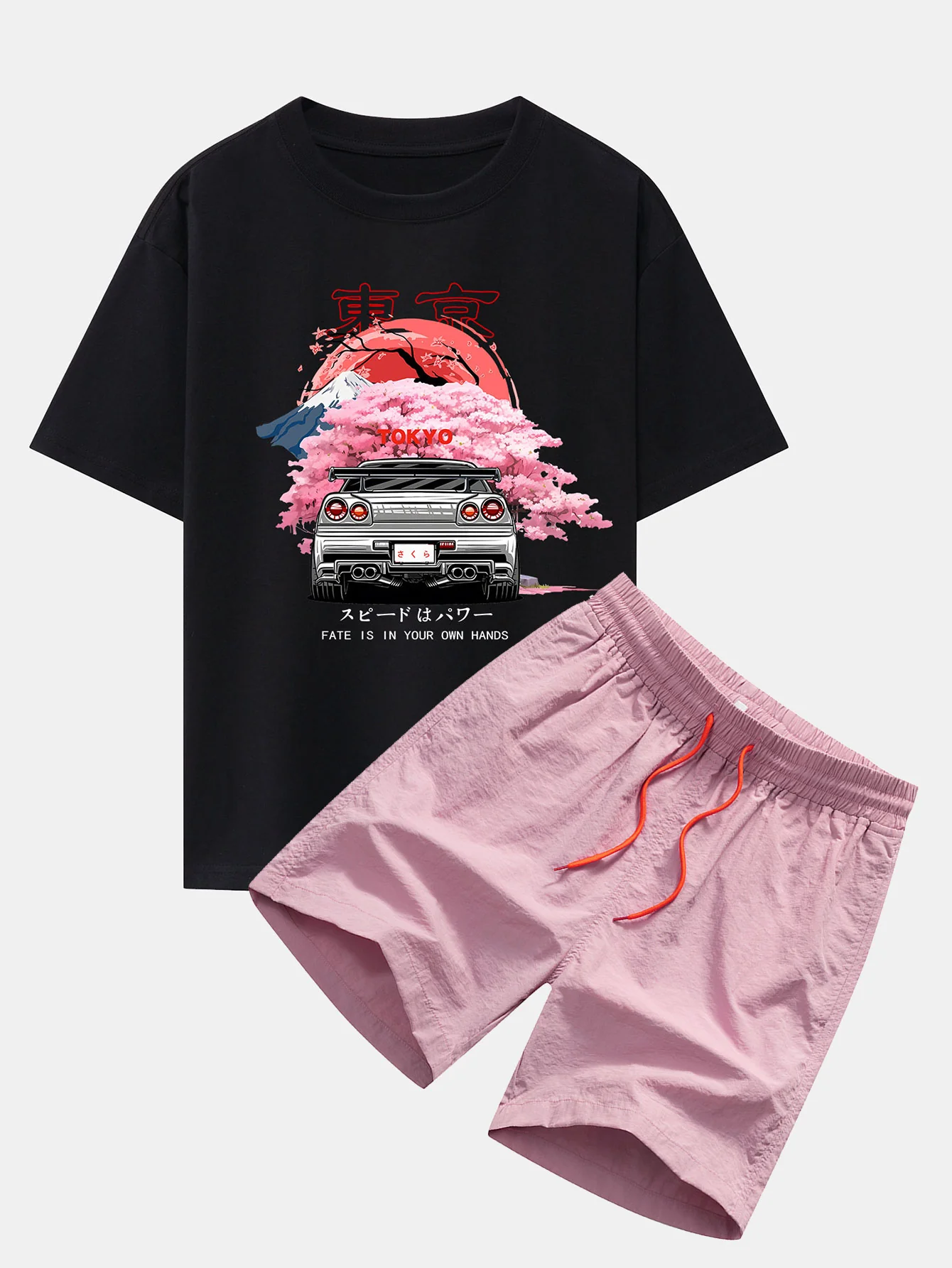 Tokyo Kirschblüten Auto-Druck Drop Shoulder Oversize T-Shirt & Badehosen - Image 2