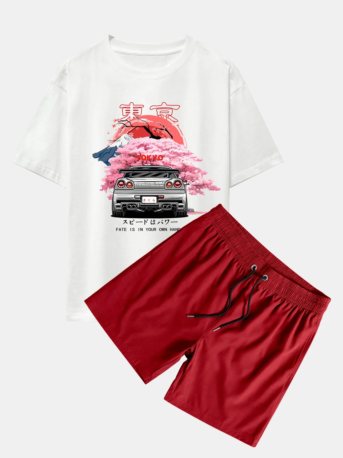 Tokyo Kirschblüten Auto-Druck Drop Shoulder Oversize T-Shirt & Badehosen - Image 2