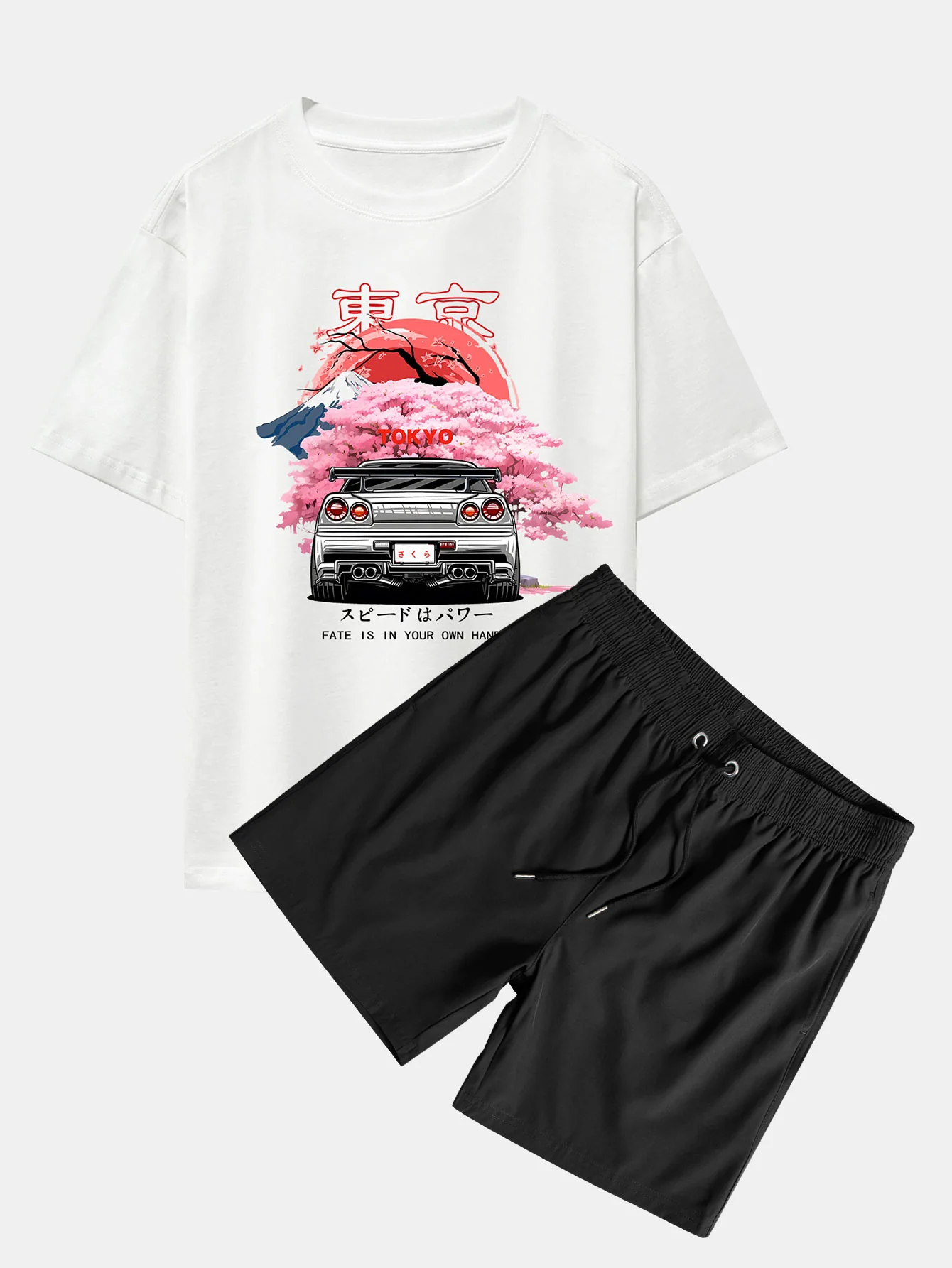 Tokyo Kirschblüten Auto-Druck Drop Shoulder Oversize T-Shirt & Badehosen - Image 3