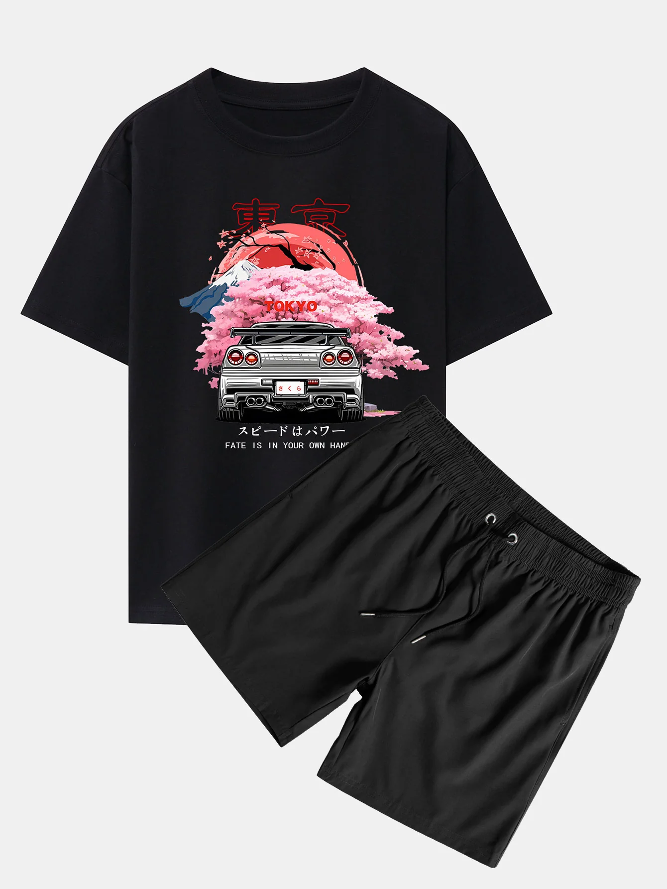 Tokyo Kirschblüten Auto-Druck Drop Shoulder Oversize T-Shirt & Badehosen - Image 4