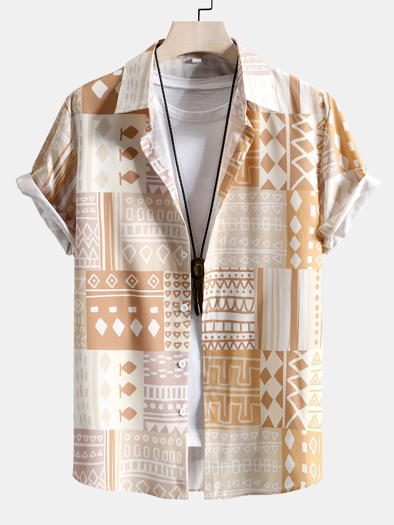 Stammgeometrisches Patchwork-Druck Hemd mit Knopfleiste & Badehose - Image 2