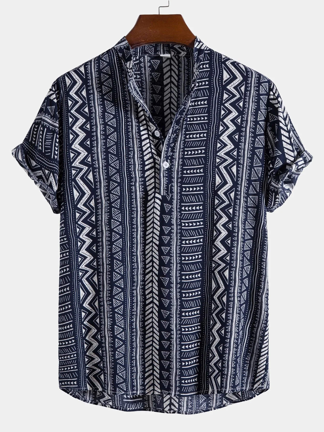 Tribal geometrisches Druck-Halbknopf-Henley-Kragen-Shirt - Image 5
