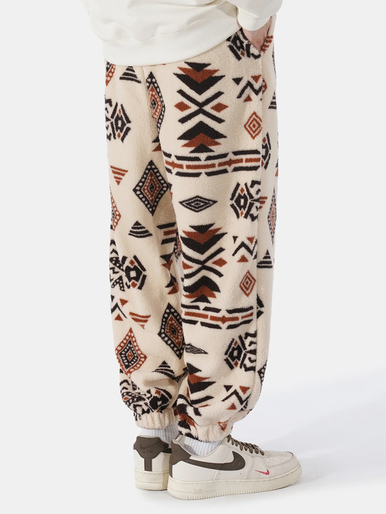 Tribal Geometry Pattern Teddy Jogger Pants - Image 2