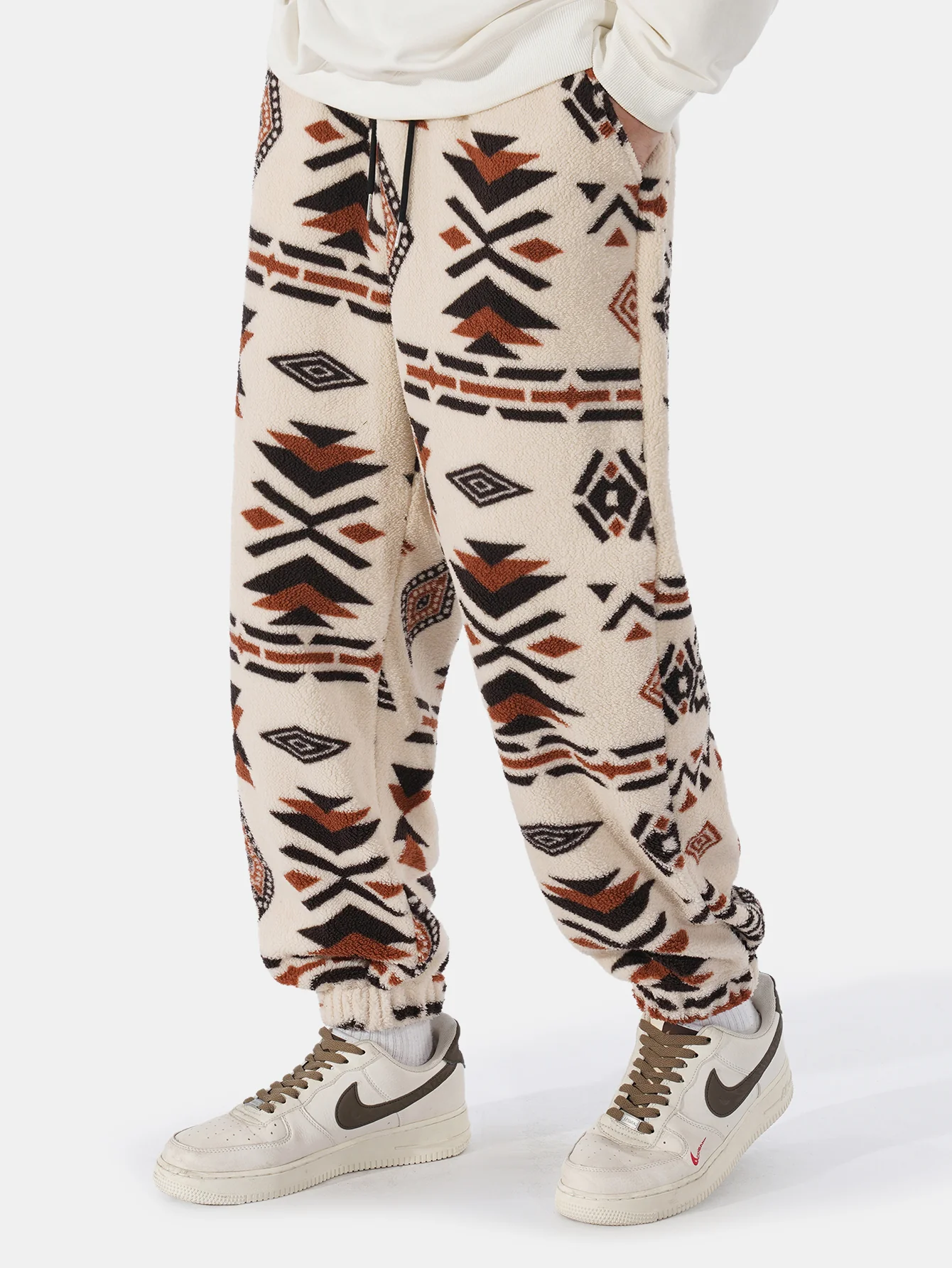 Tribal Geometry Pattern Teddy Jogger Pants - Image 3