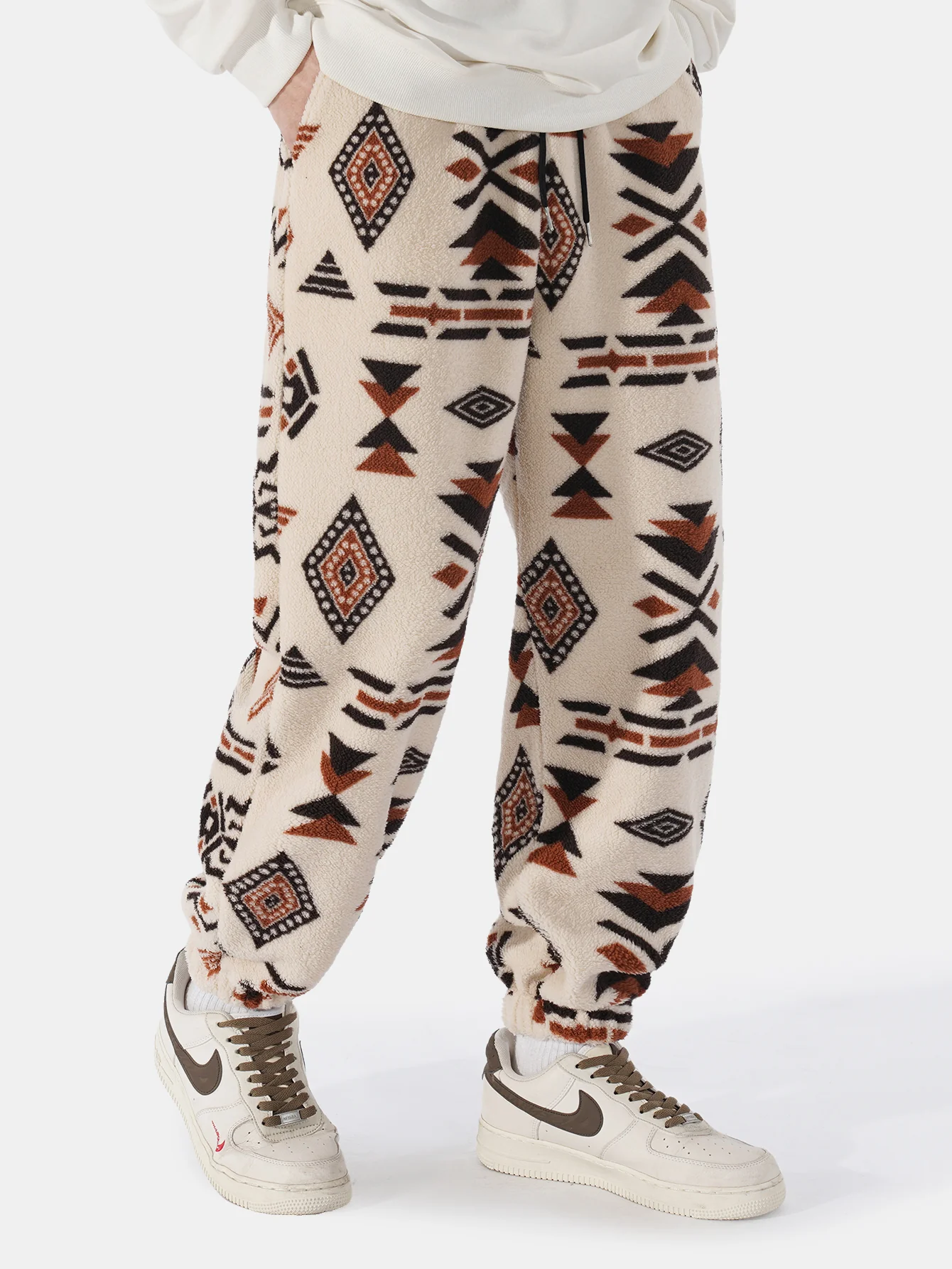 Tribal Geometry Pattern Teddy Jogger Pants - Image 4