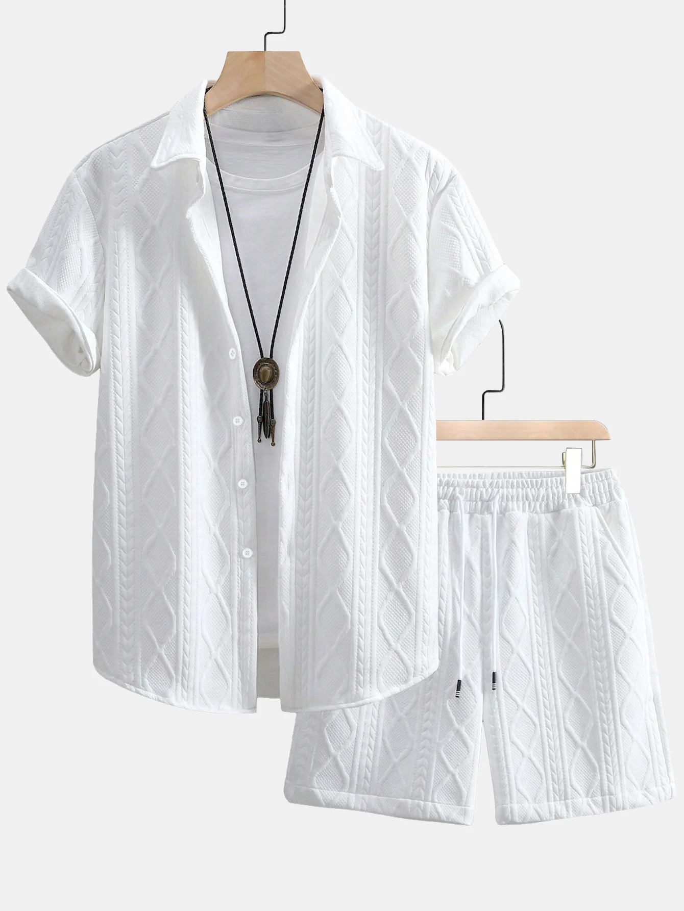 Twist Geometry Jacquard Hemd mit Knöpfen & Drawstring Shorts