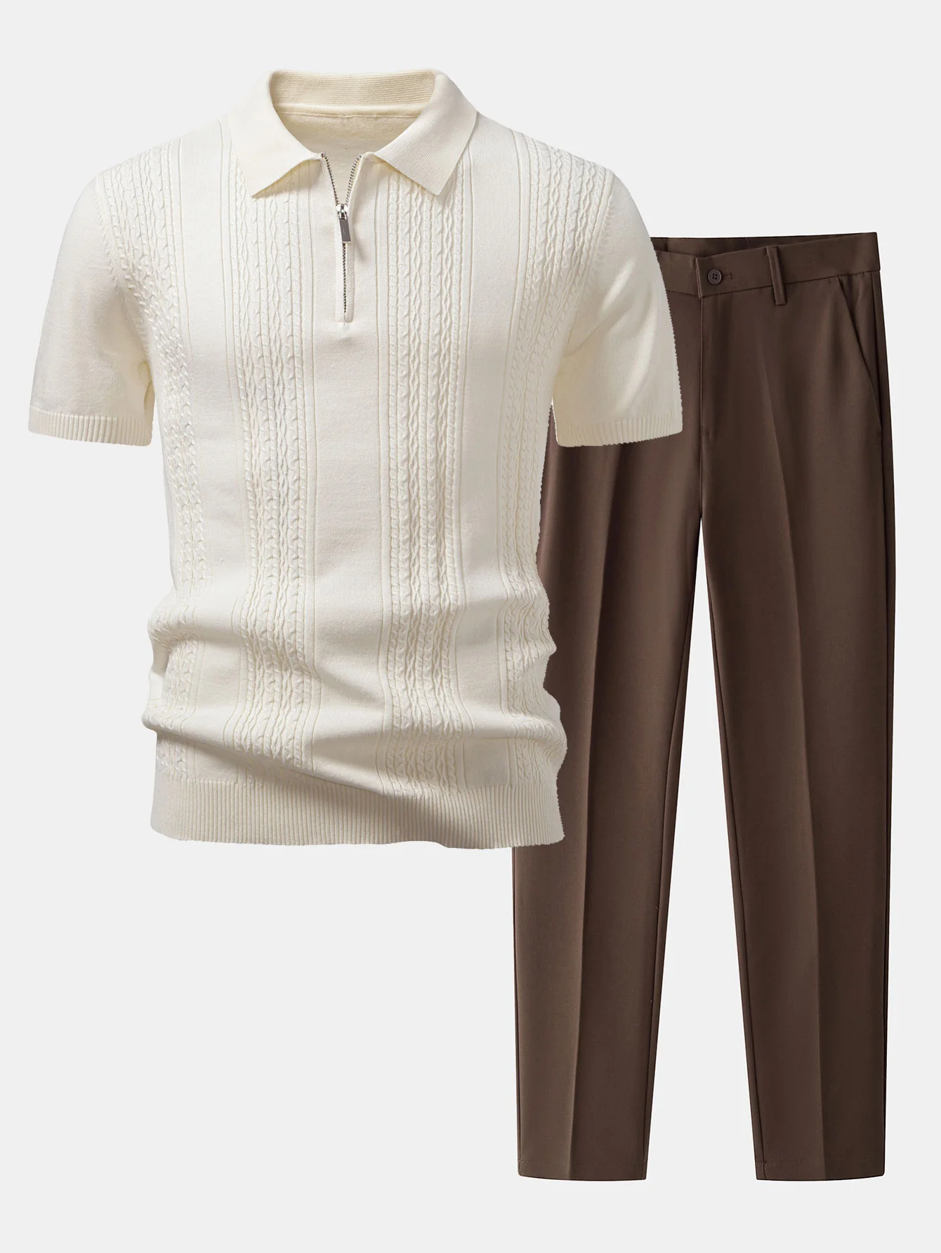 Twist Jacquard Strick-Poloshirts mit Reißverschluss & Slim Fit konisch zulaufende Hose