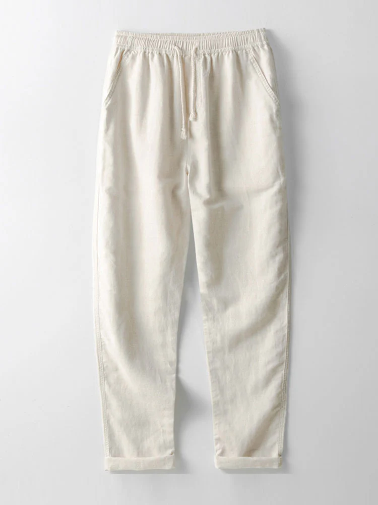 Textured Johnny Collar Crocheted Knit Polo & Straight Leg Linen Pants - Image 17