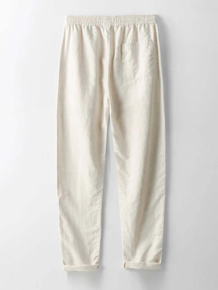 Textured Johnny Collar Crocheted Knit Polo & Straight Leg Linen Pants - Image 18