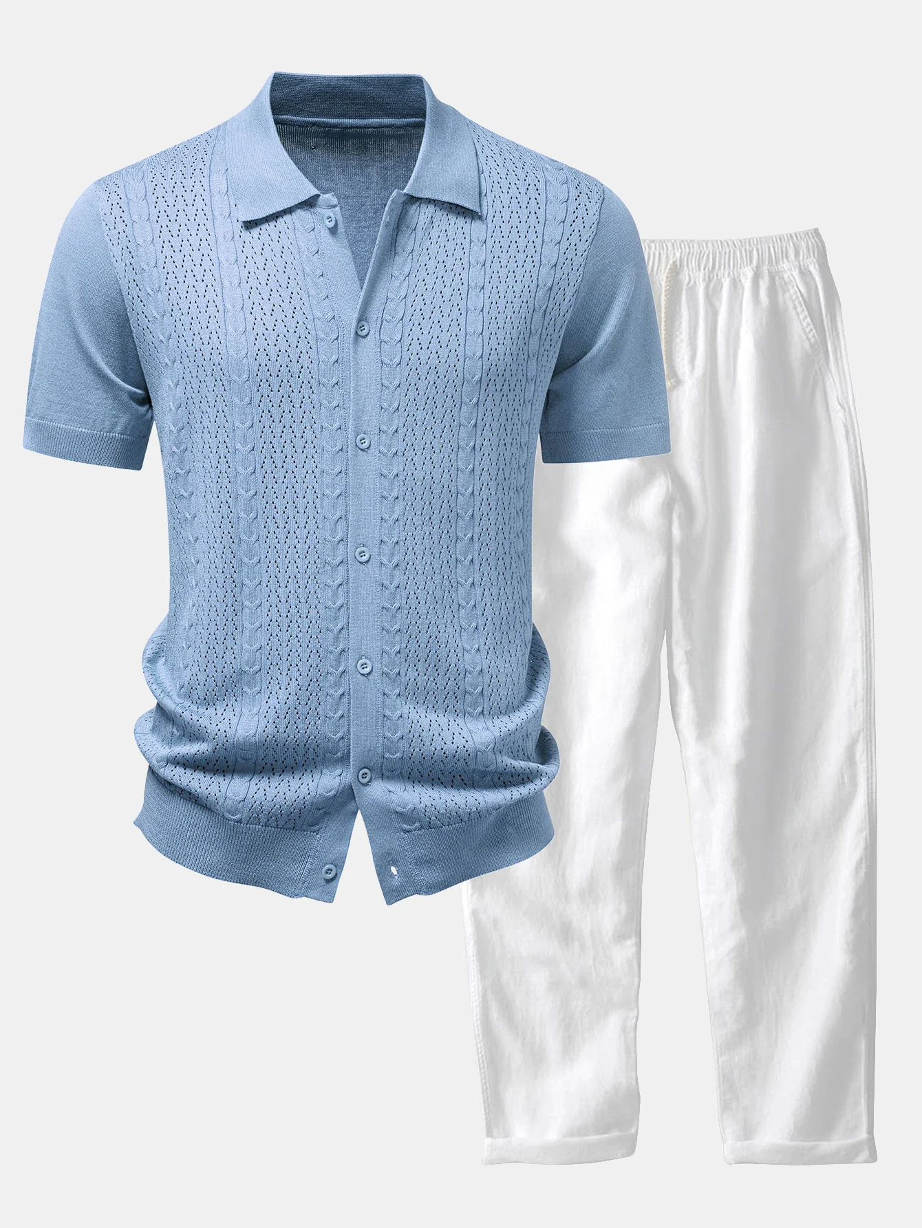 Twisted Jacquard Button Up Knit Shirt & Straight Leg Linen Pants - Image 2