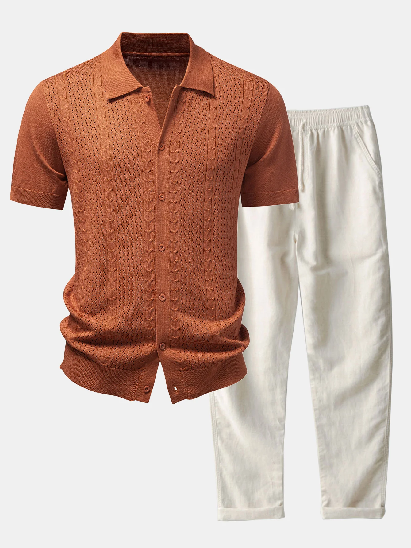 Twisted Jacquard Button Up Knit Shirt & Straight Leg Linen Pants - Image 3