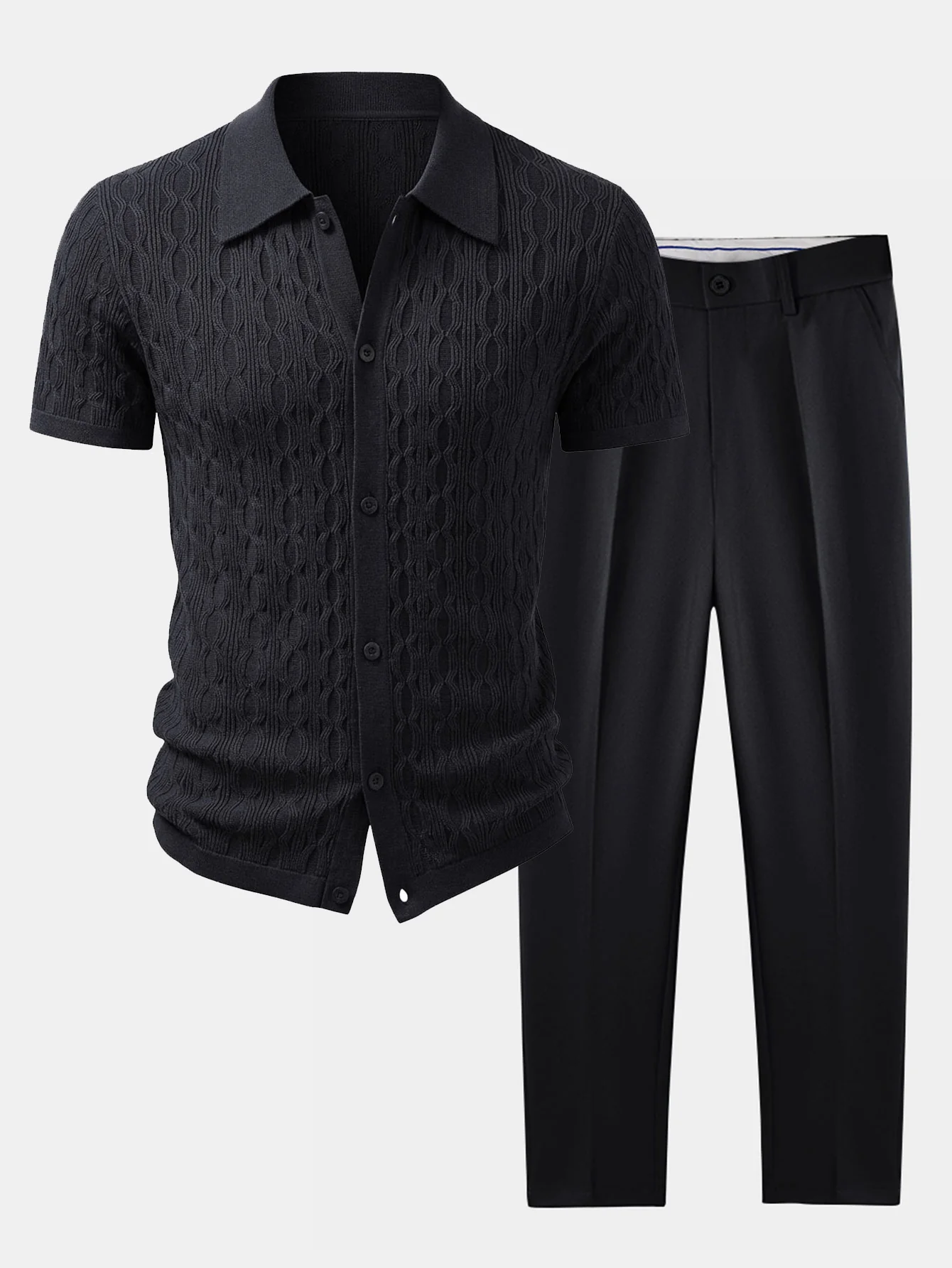 Twisted Jacquard Knit Shirt & Slim Fit Tapered Trousers - Image 2