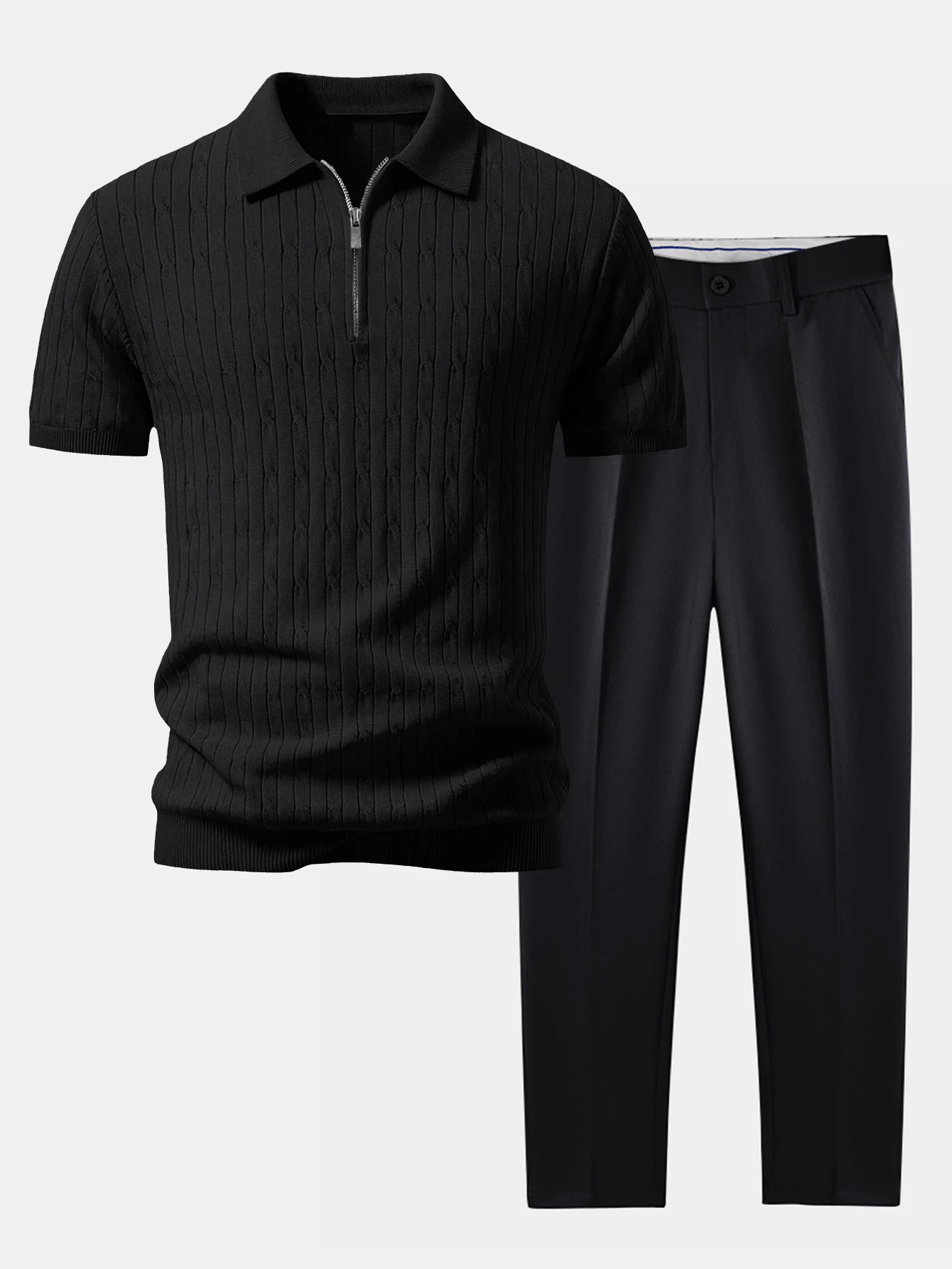 Twisted Jacquard Zipper Knit Polo & Slim Fit Tapered Trousers - Image 2