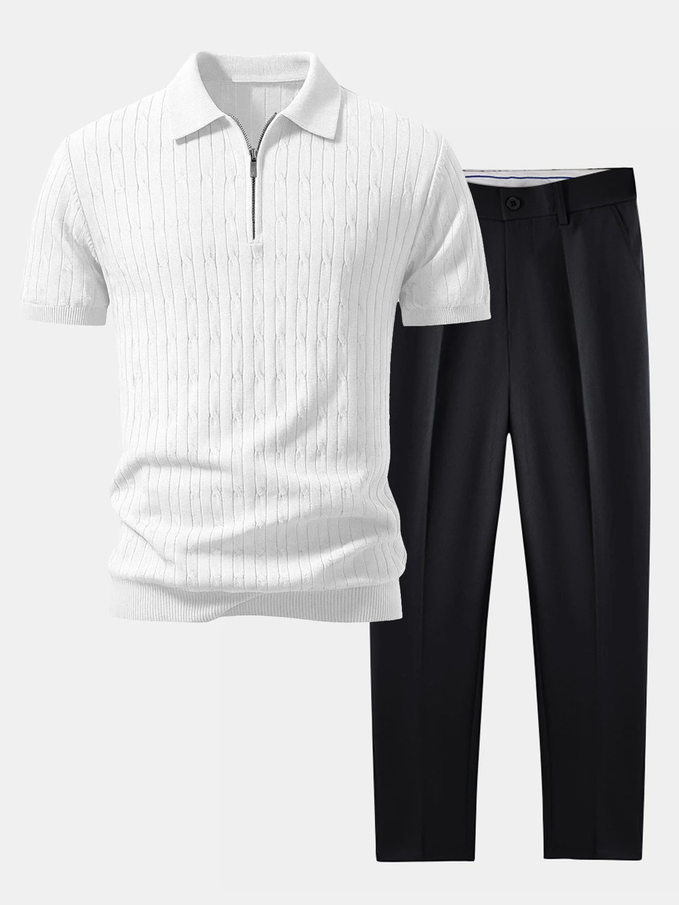Twisted Jacquard Zipper Knit Polo & Slim Fit Tapered Trousers - Image 3