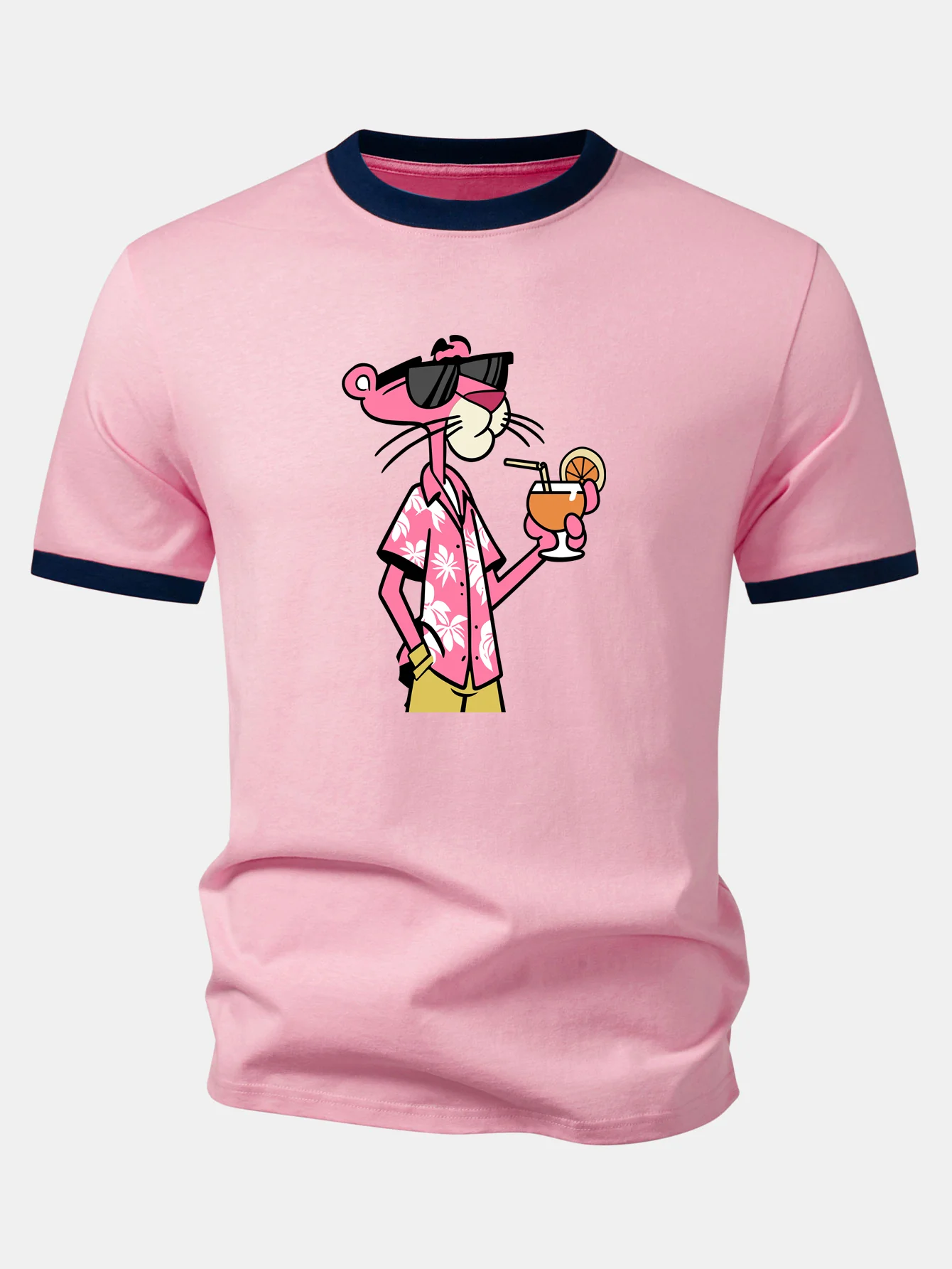Vacation Pink Panther Print Contrast Ringer T-Shirt