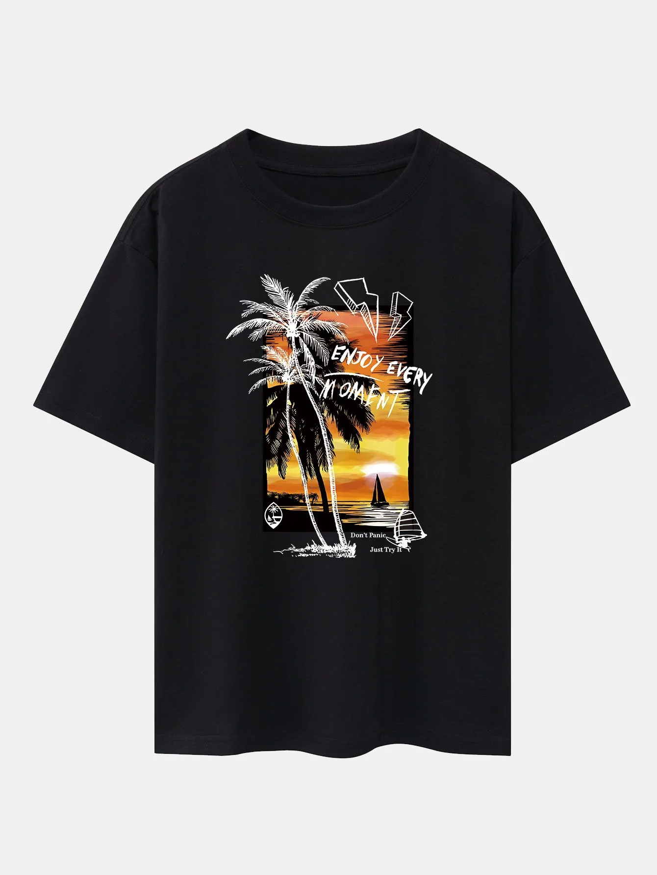 Urlaubs Sonnenuntergang Palmen Druck Drop Shoulder Oversize T-Shirt