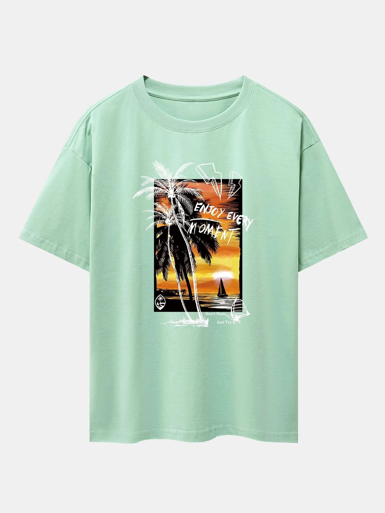 Urlaubs Sonnenuntergang Palmen Druck Drop Shoulder Oversize T-Shirt - Image 12