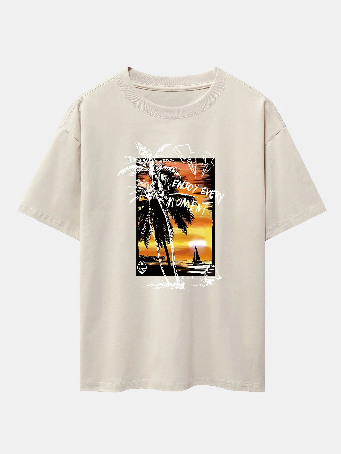 Urlaubs Sonnenuntergang Palmen Druck Drop Shoulder Oversize T-Shirt - Image 2