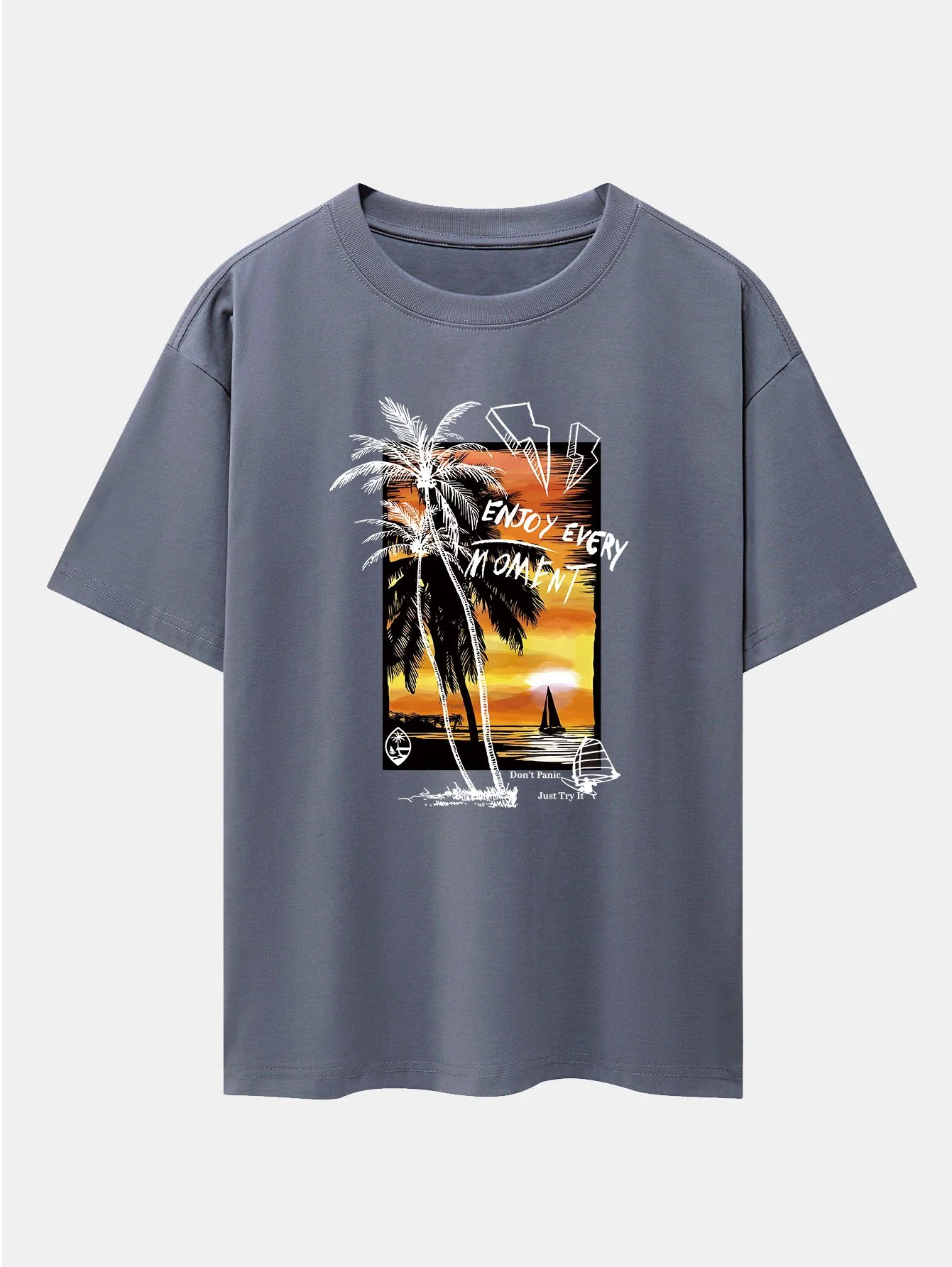 Urlaubs Sonnenuntergang Palmen Druck Drop Shoulder Oversize T-Shirt - Image 7