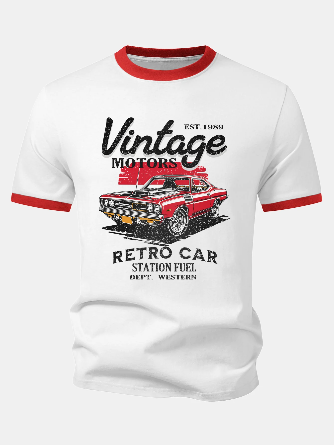 Vintage Car Print Contrast Ringer T-Shirt - Image 5