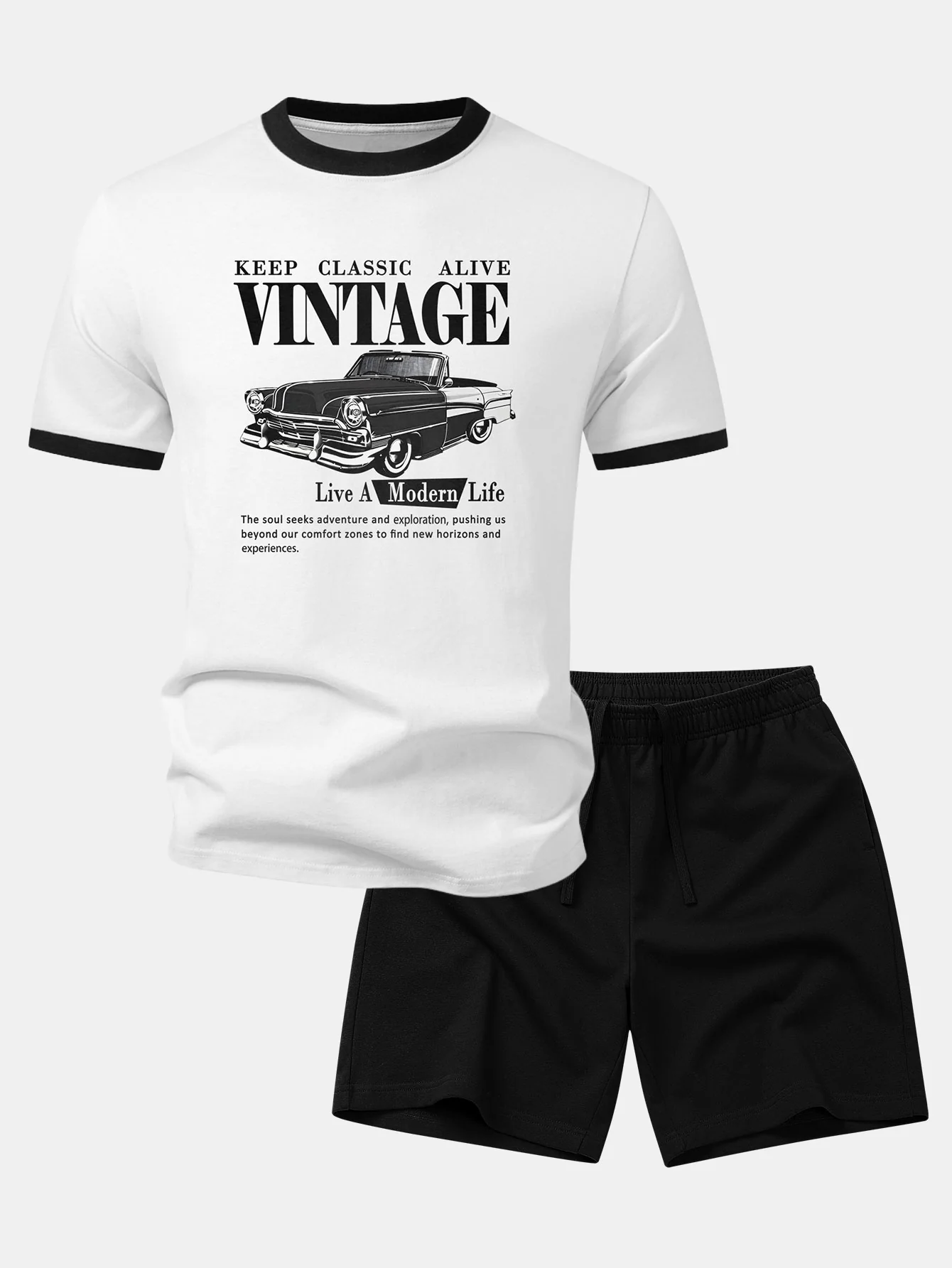 Vintage Car Print Contrast Ringer T-Shirt & Cotton Drawstring 7" Shorts - Image 2