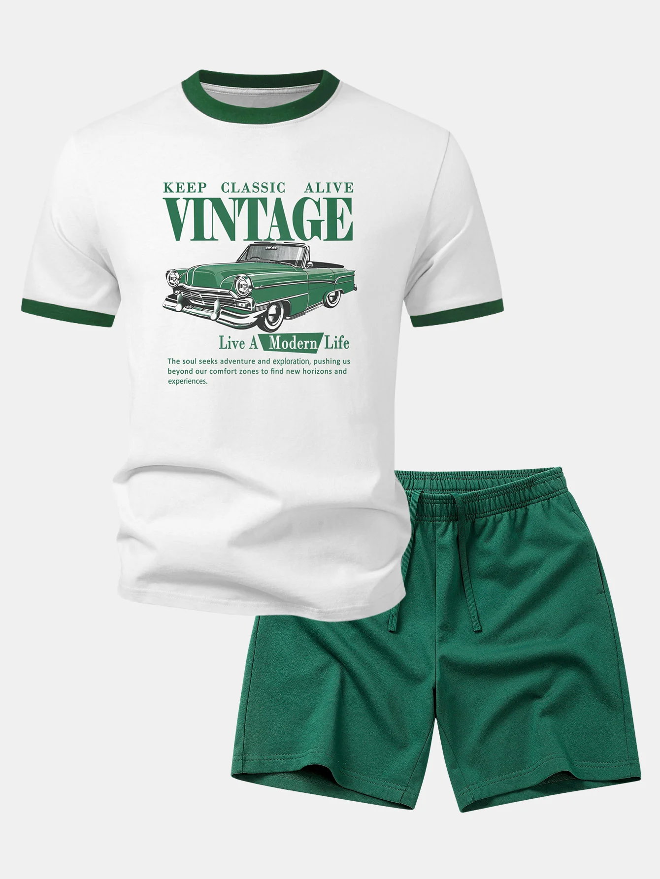 Vintage Car Print Contrast Ringer T-Shirt & Cotton Drawstring 7" Shorts - Image 3