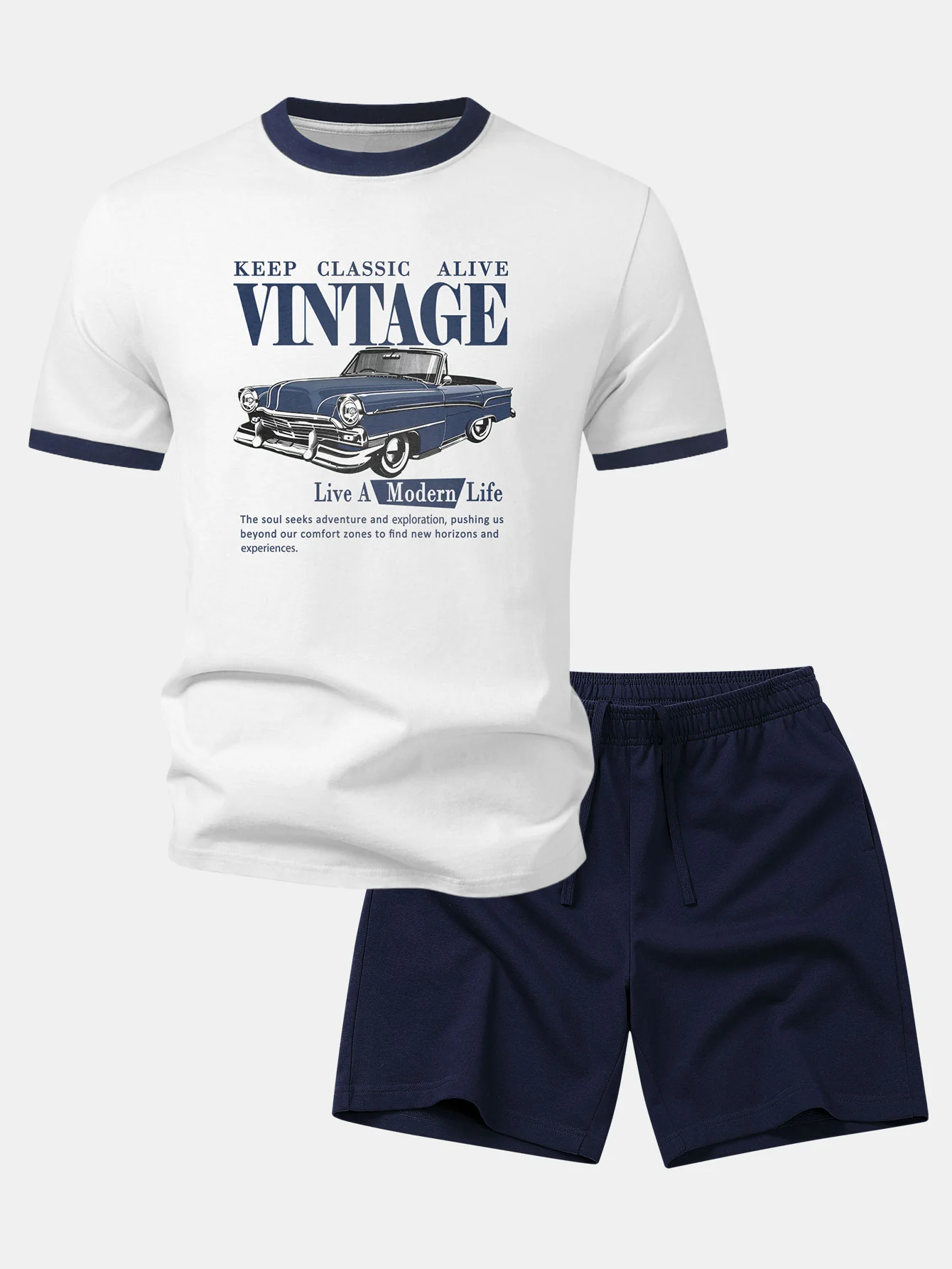 Vintage Car Print Contrast Ringer T-Shirt & Cotton Drawstring 7" Shorts - Image 4