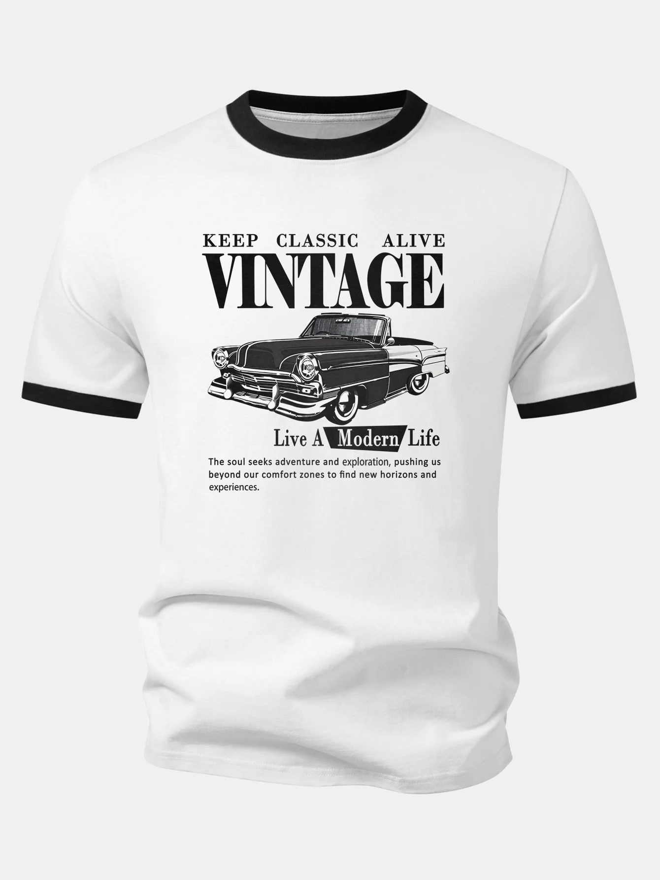 Vintage Car Print Contrast Ringer T-Shirt & Cotton Drawstring 7" Shorts - Image 6