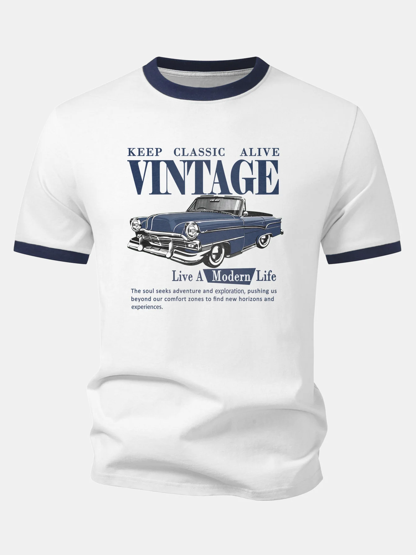 Vintage Car Print Contrast Ringer T-Shirt & Cotton Drawstring 7" Shorts - Image 8