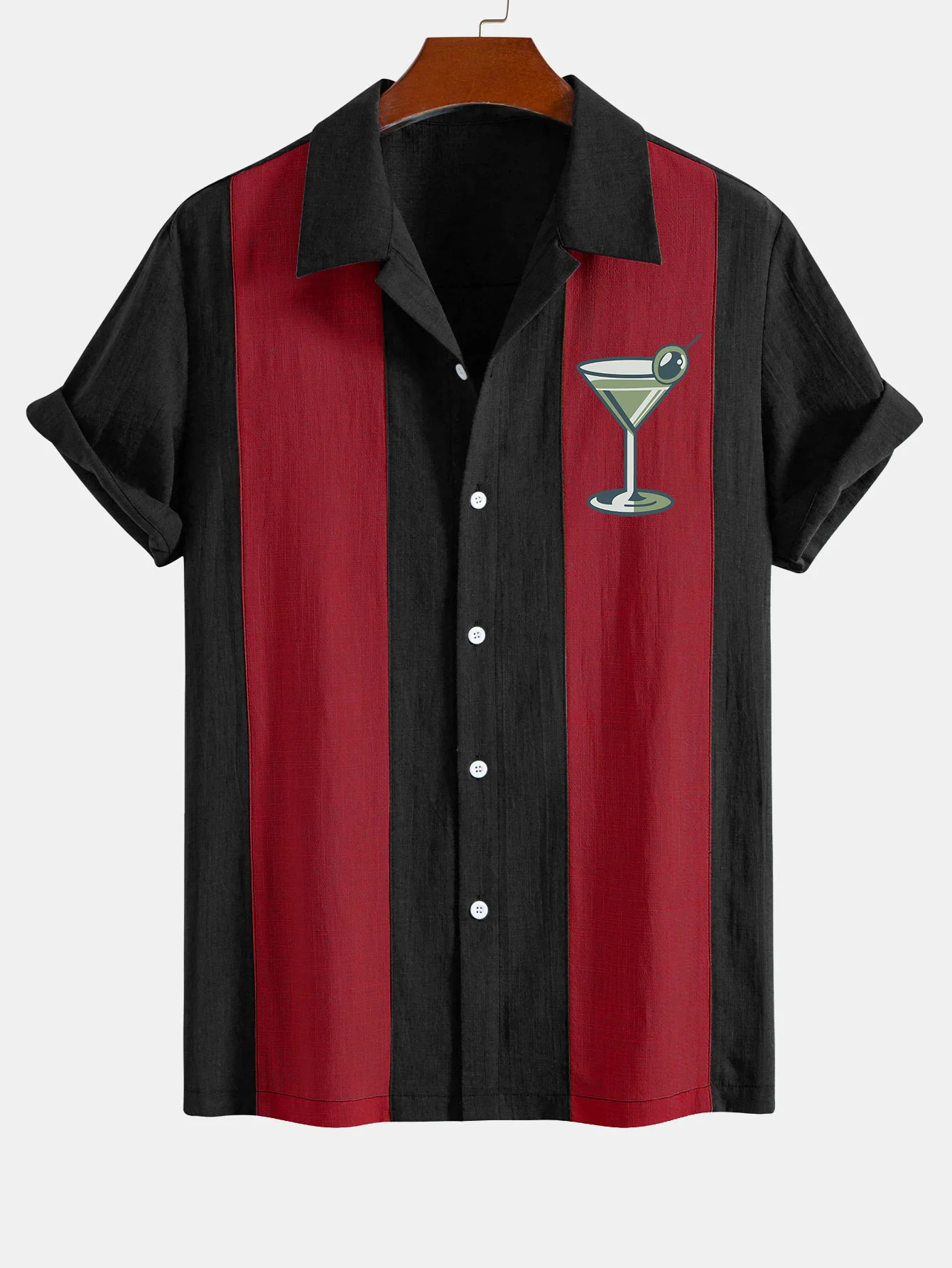 Vintage Martini Cocktail Druck Leinen Look Patchwork Bowling Hemd