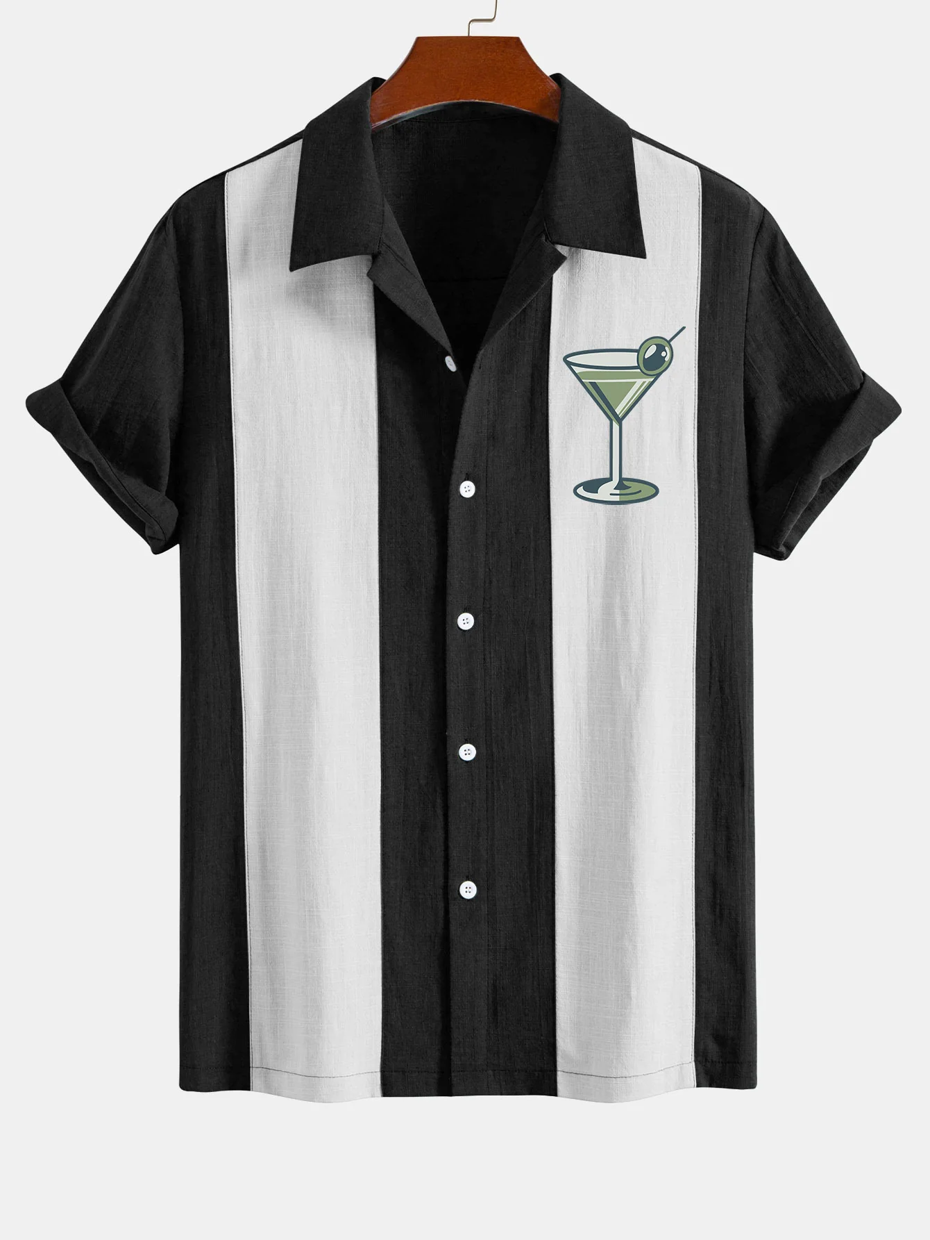 Vintage Martini Cocktail Druck Leinen Look Patchwork Bowling Hemd - Image 2