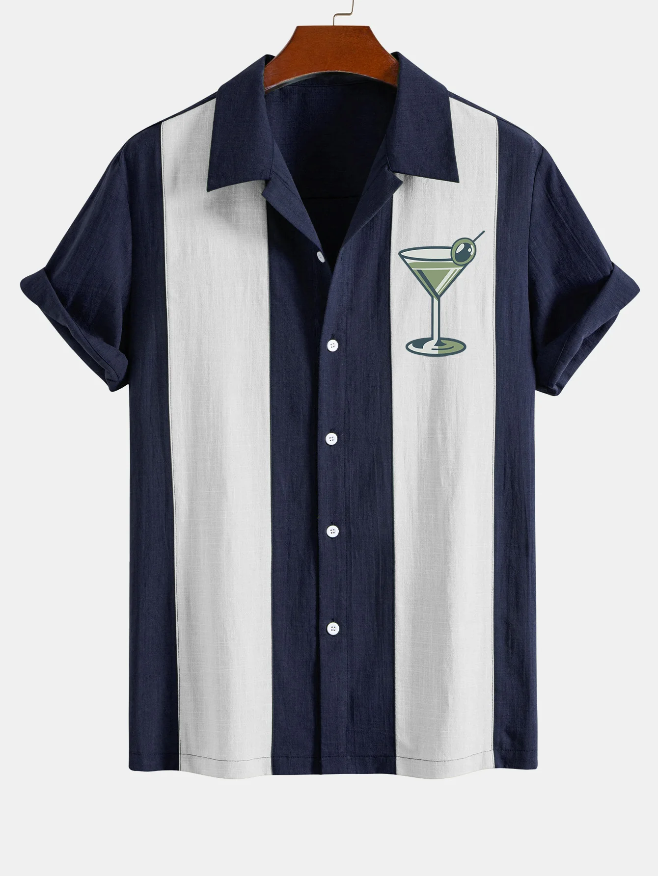 Vintage Martini Cocktail Druck Leinen Look Patchwork Bowling Hemd - Image 4