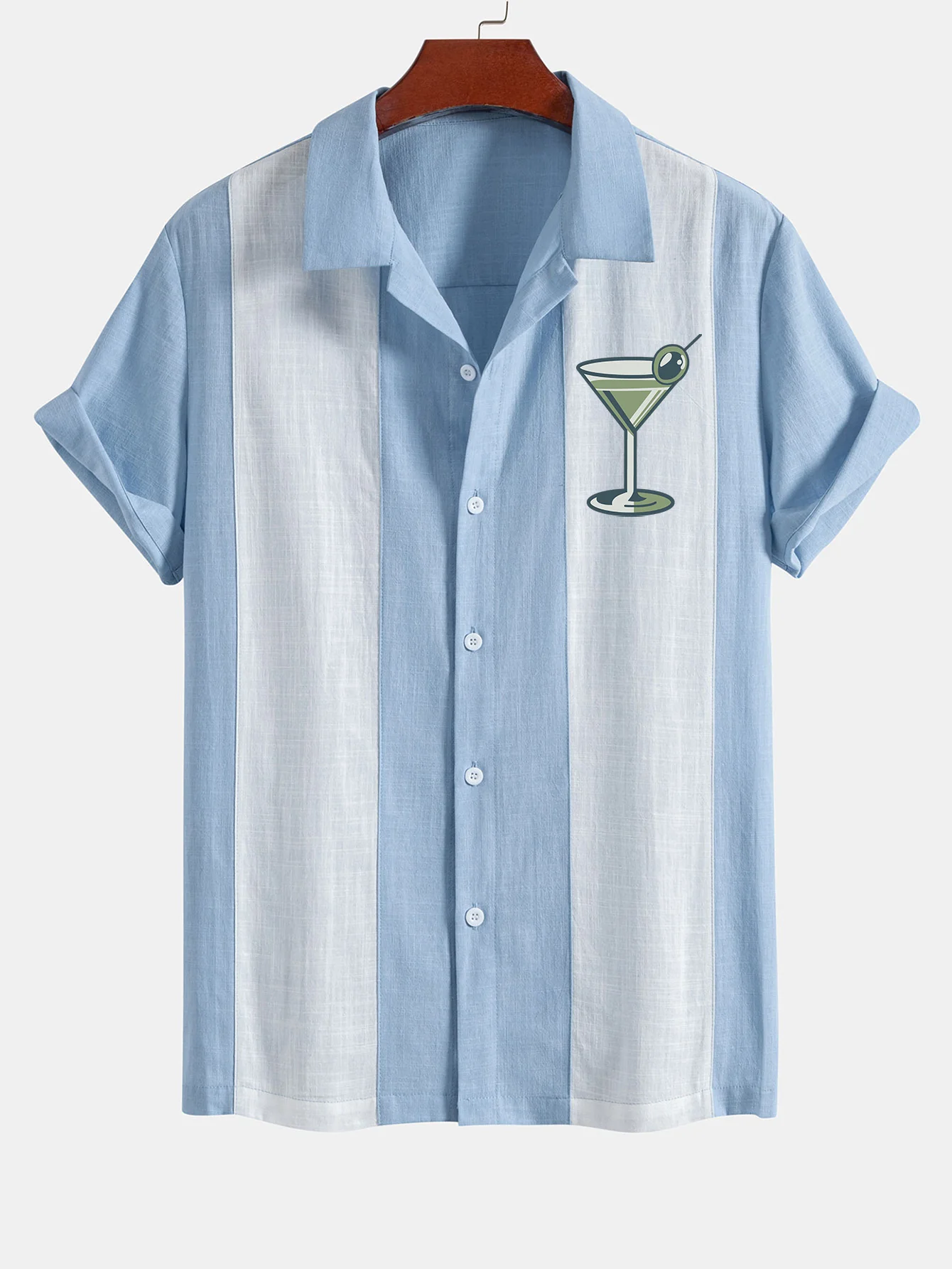 Vintage Martini Cocktail Druck Leinen Look Patchwork Bowling Hemd - Image 6