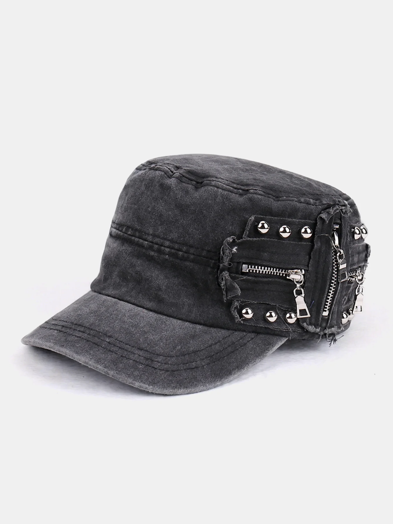 Vintage Rivet Washed Flat Top Cap Niche American Retro Beret Distressed Look Cap - Image 2