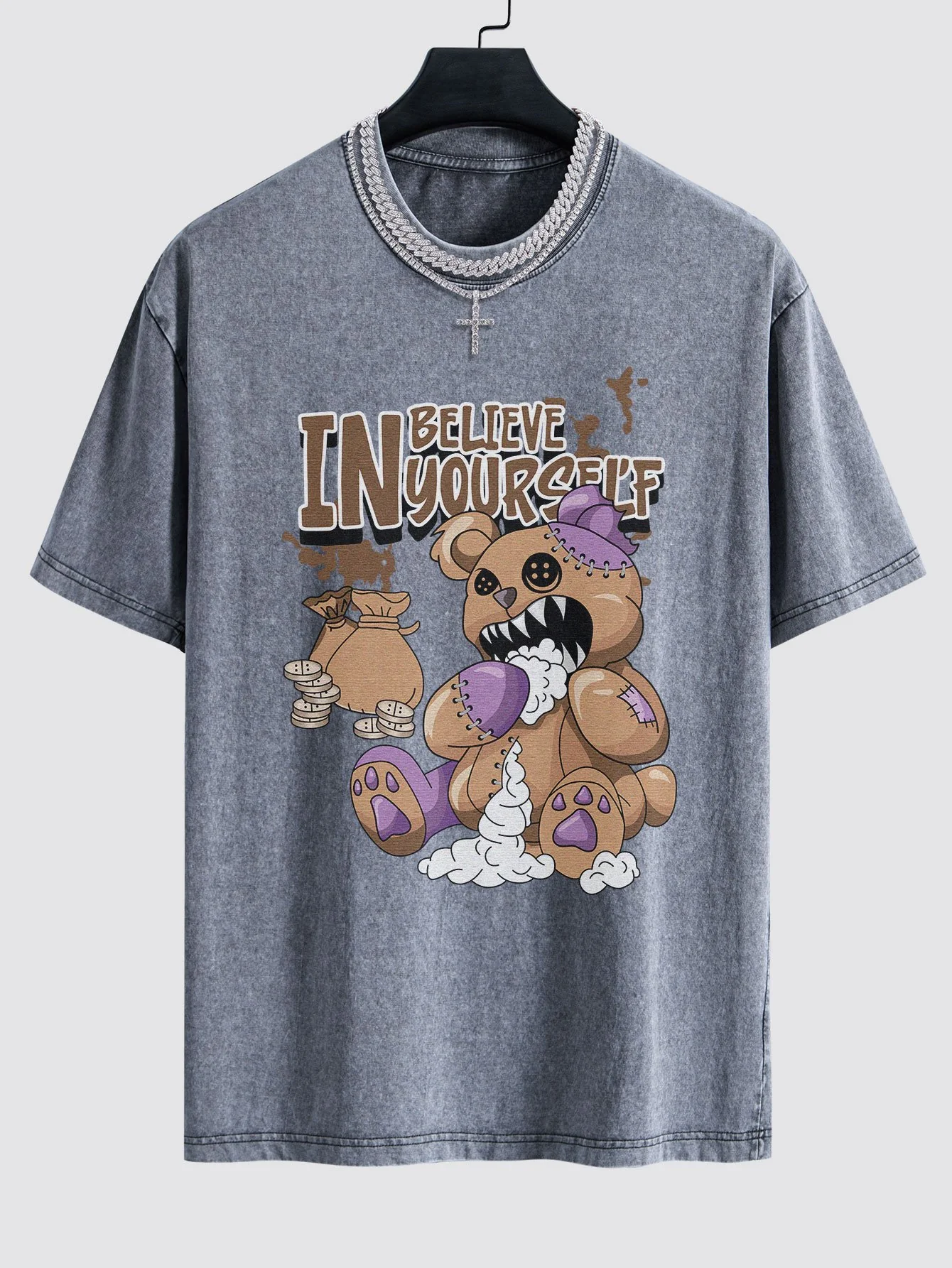 Gewalttätiger Bär Slogan Druck Gewaschenes Drop Shoulder Oversize T-Shirt - Image 2