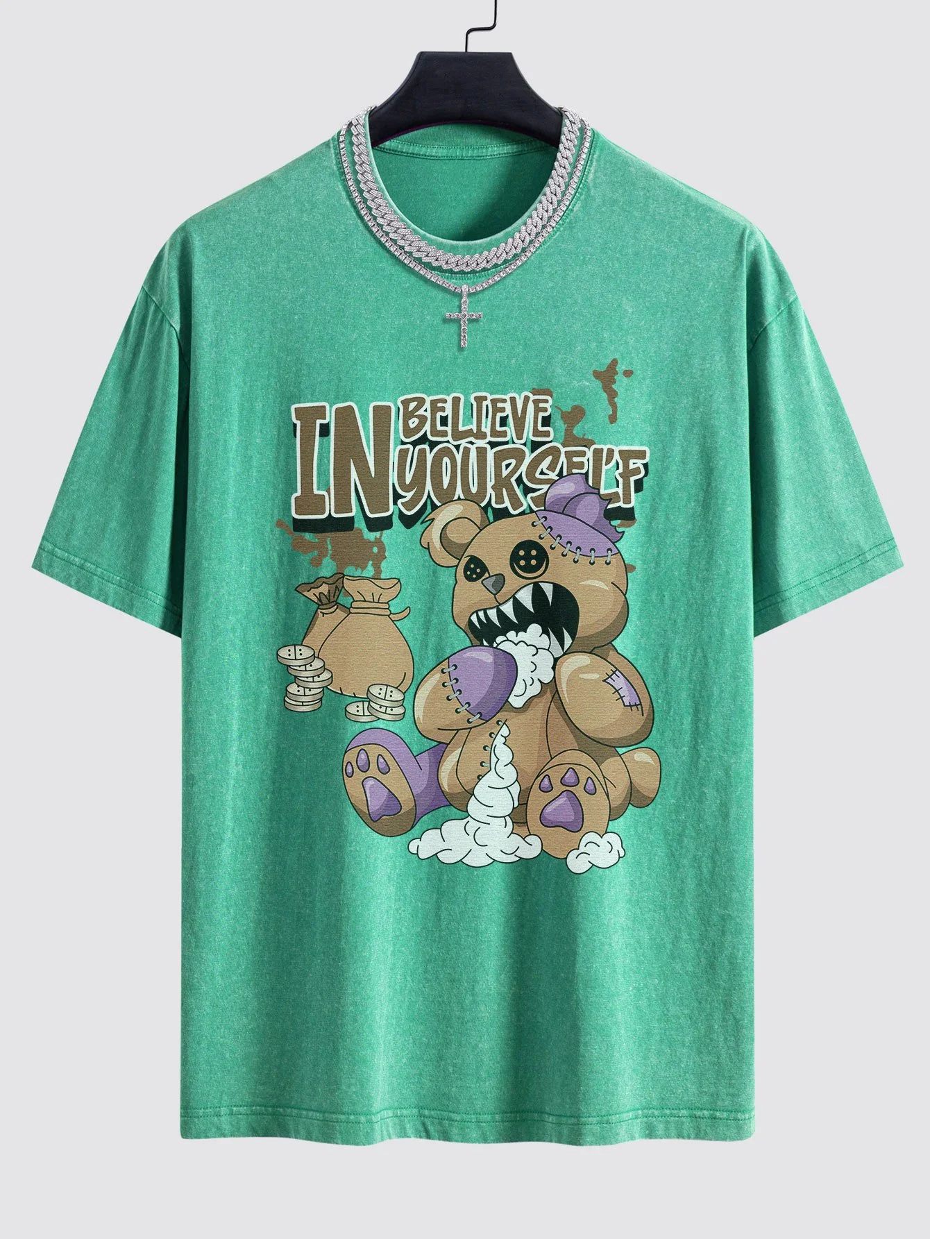 Gewalttätiger Bär Slogan Druck Gewaschenes Drop Shoulder Oversize T-Shirt - Image 6