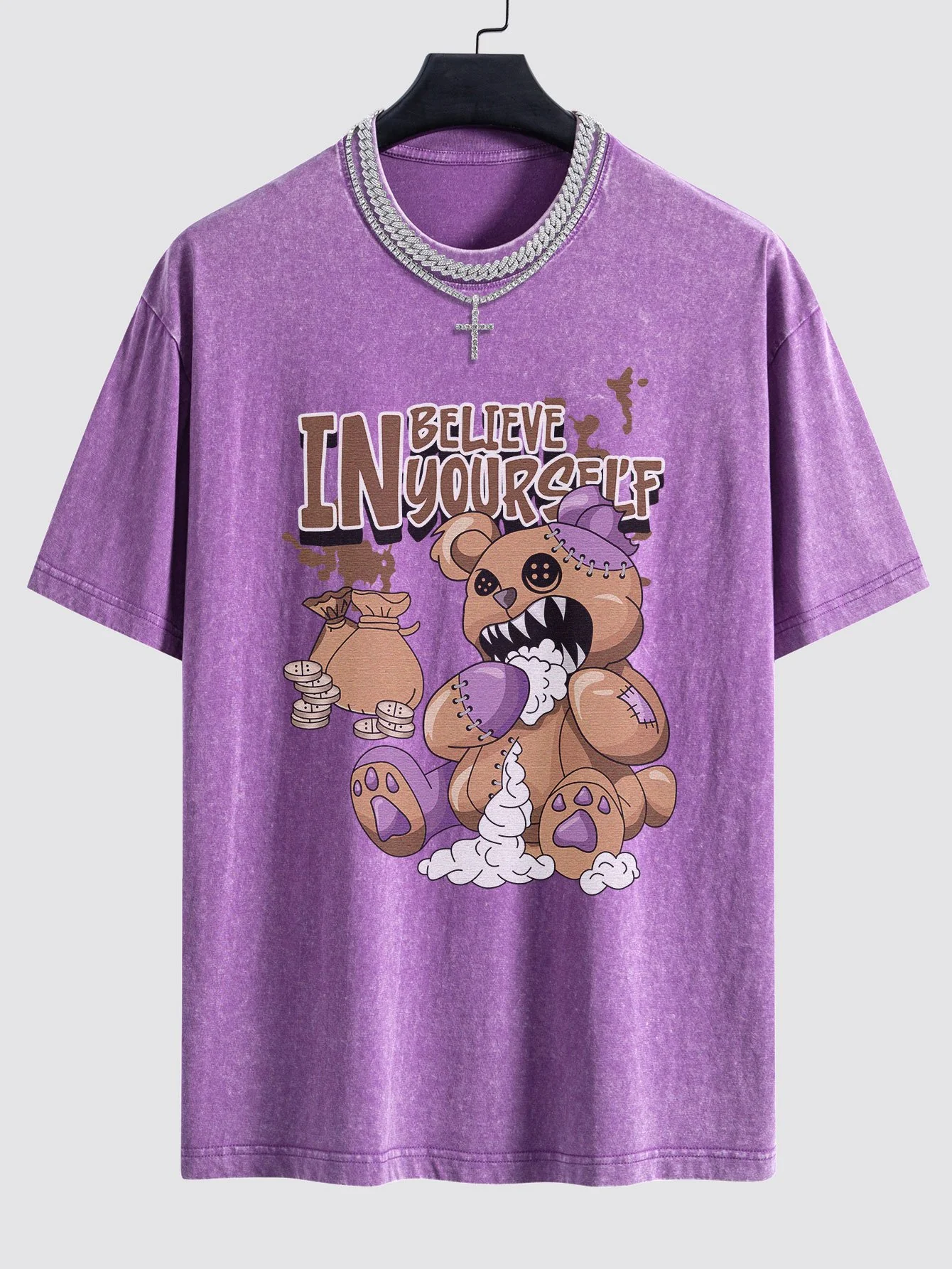 Gewalttätiger Bär Slogan Druck Gewaschenes Drop Shoulder Oversize T-Shirt - Image 7