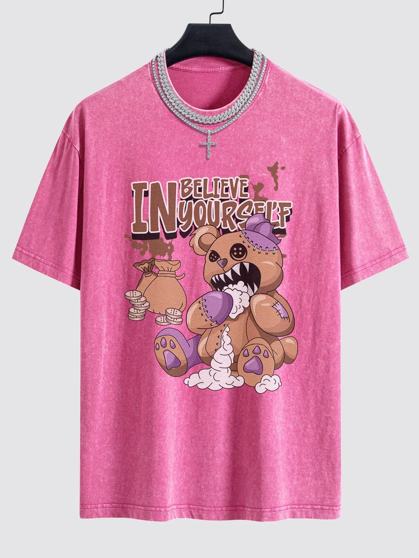 Gewalttätiger Bär Slogan Druck Gewaschenes Drop Shoulder Oversize T-Shirt - Image 8