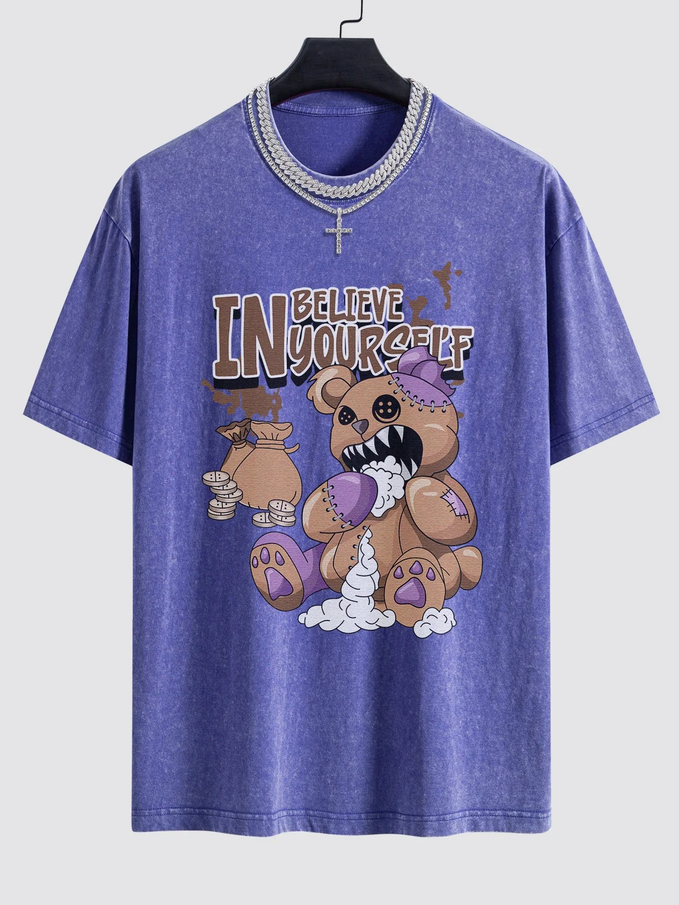 Gewalttätiger Bär Slogan Druck Gewaschenes Drop Shoulder Oversize T-Shirt - Image 9
