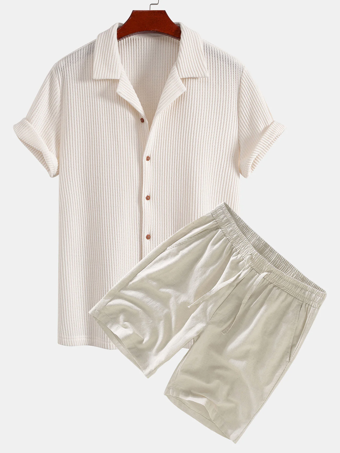 Waffel-Knopfleistenhemd & Leinen-Baumwollmischung Kordelzug Shorts - Image 2