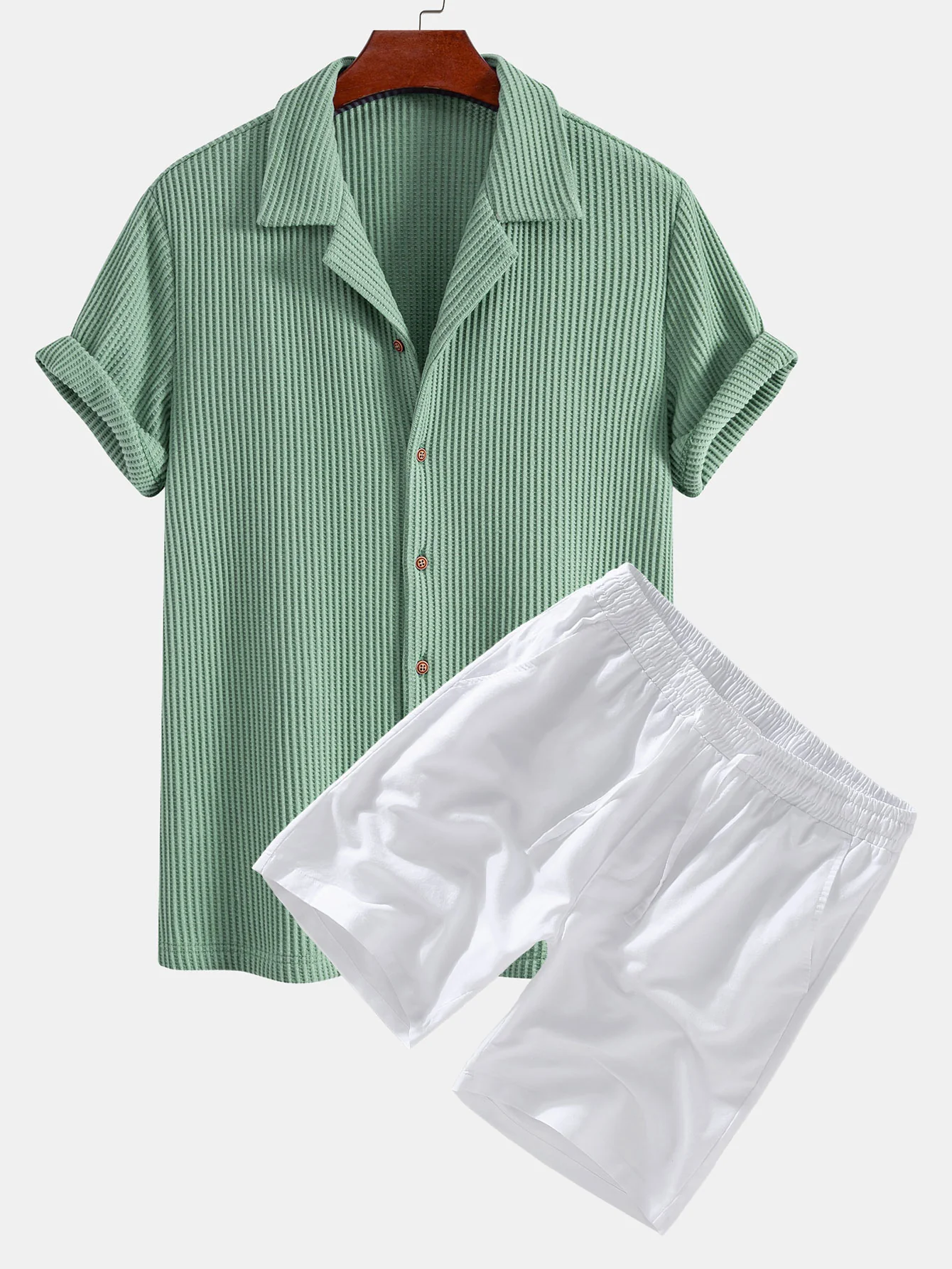 Waffel-Knopfleistenhemd & Leinen-Baumwollmischung Kordelzug Shorts - Image 3