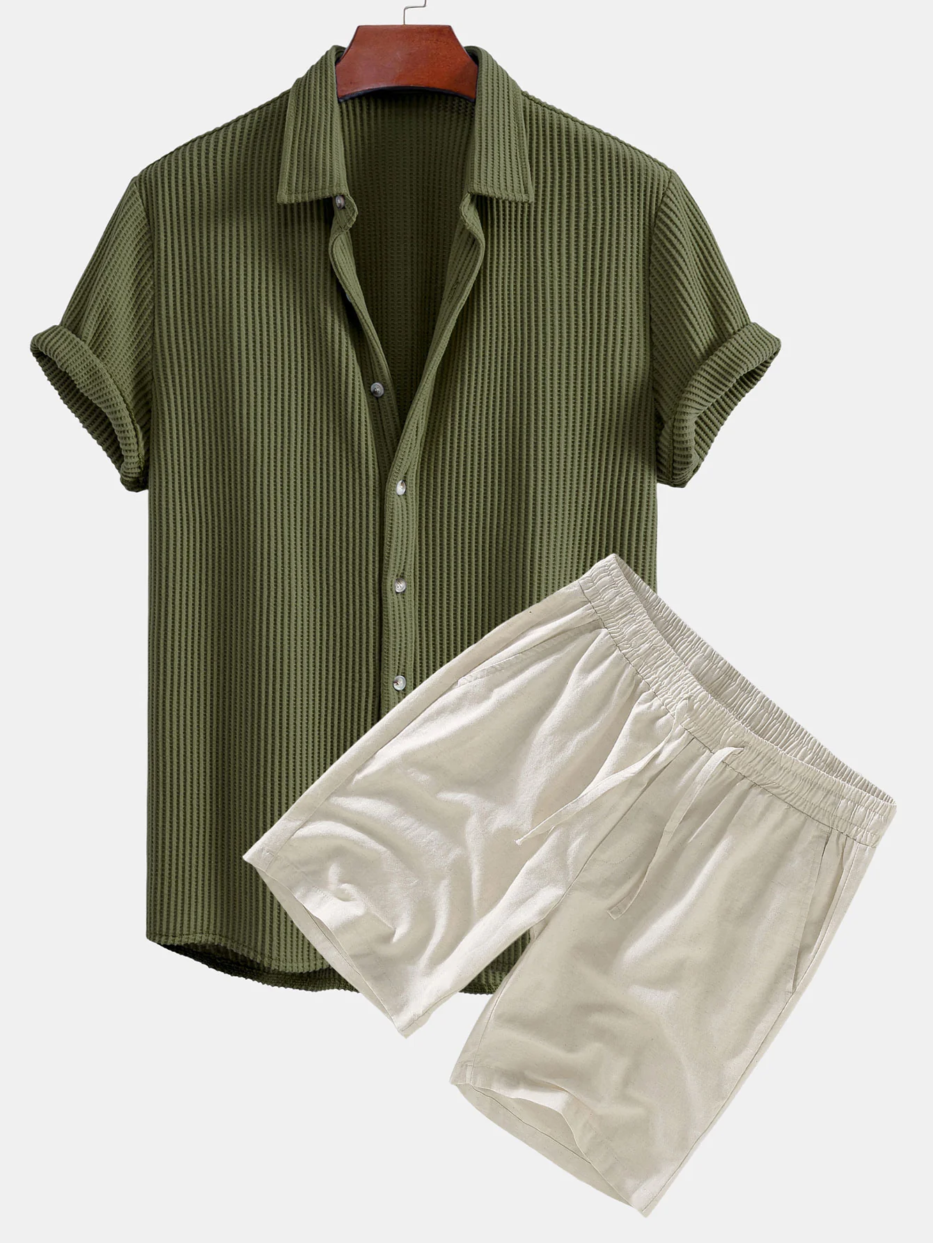 Waffel-Knopfleistenhemd & Leinen-Baumwollmischung Kordelzug Shorts - Image 2