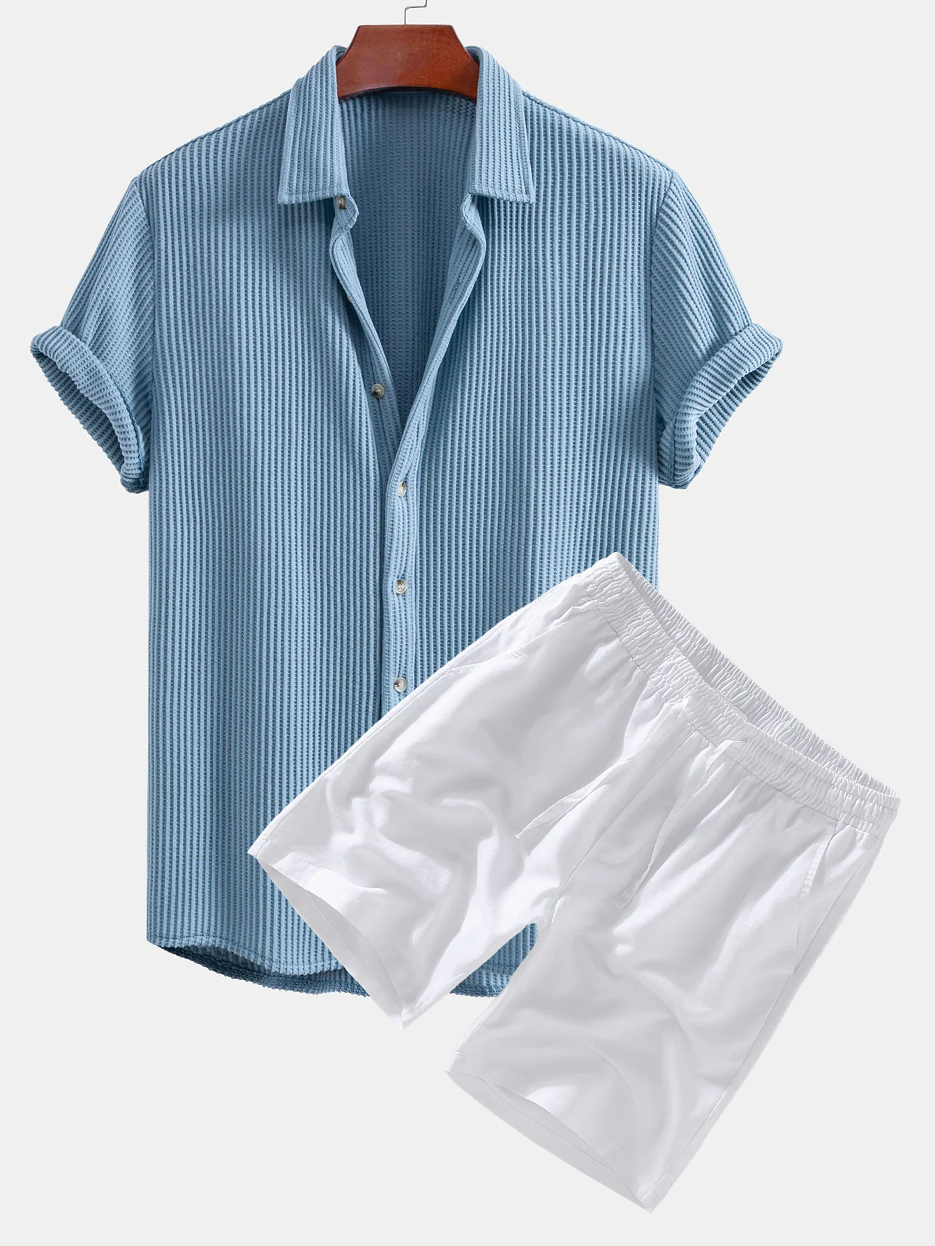 Waffel-Knopfleistenhemd & Leinen-Baumwollmischung Kordelzug Shorts - Image 4