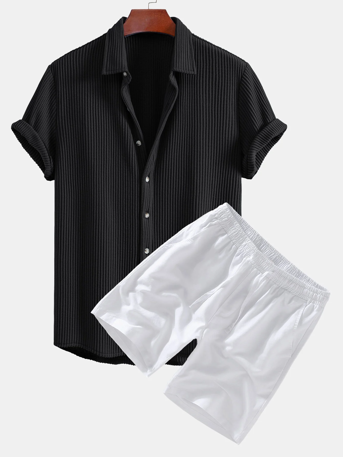 Waffel-Knopfleistenhemd & Leinen-Baumwollmischung Kordelzug Shorts - Image 5