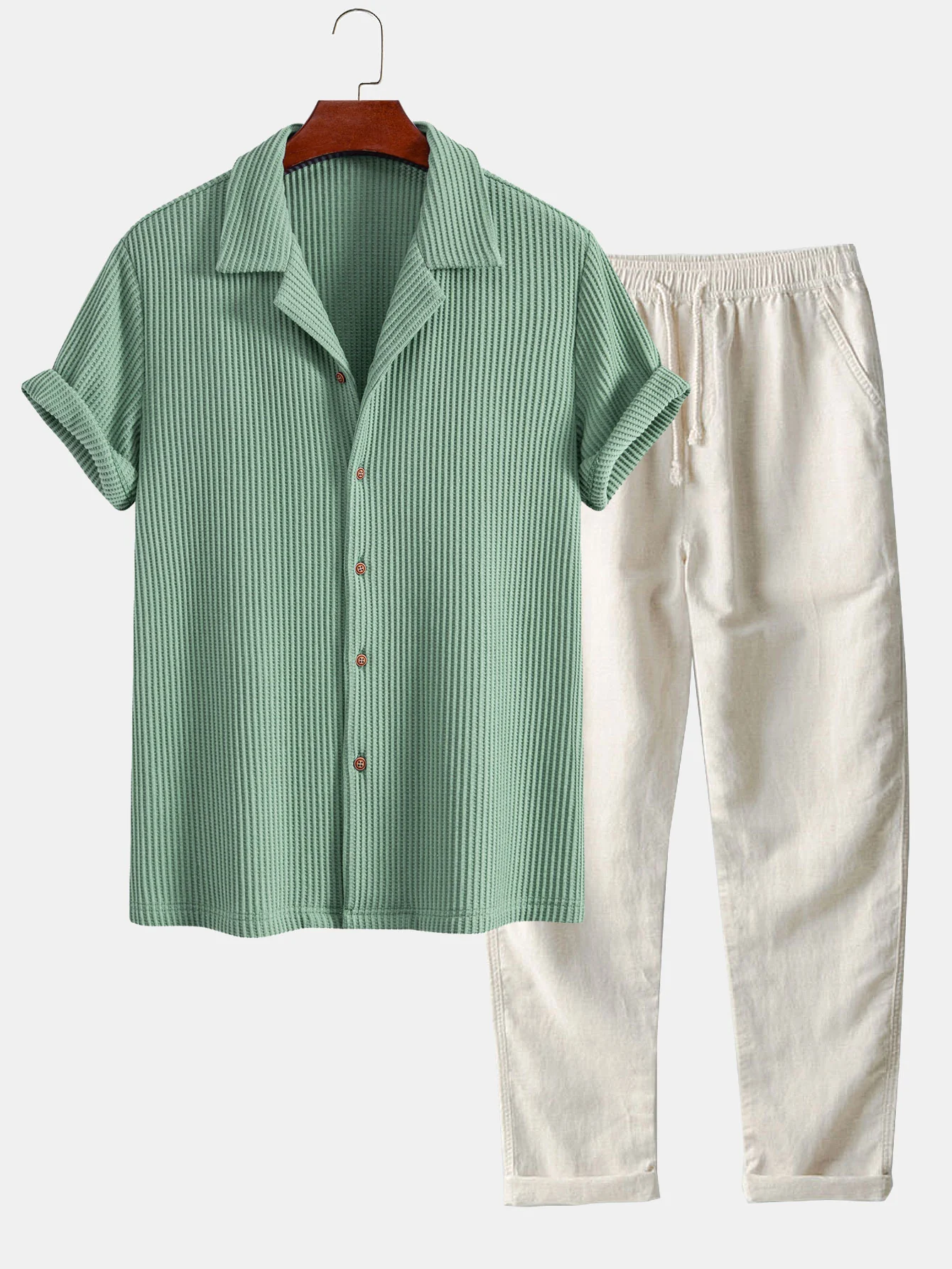 Waffel-Button-Up-Hemd & Leinenhose mit geradem Bein - Image 3