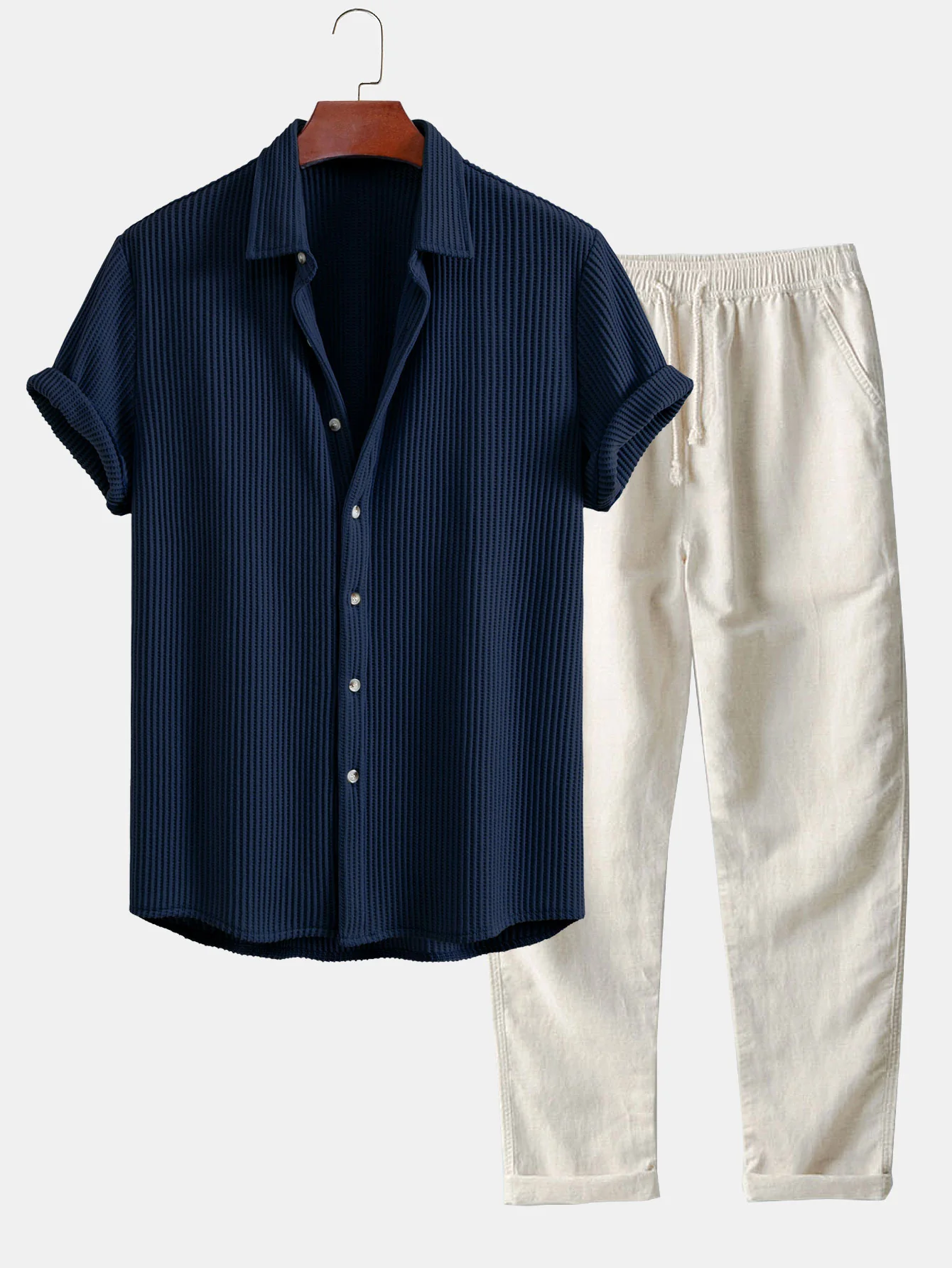 Waffel-Button-Up-Hemd & Leinenhose mit geradem Bein - Image 2
