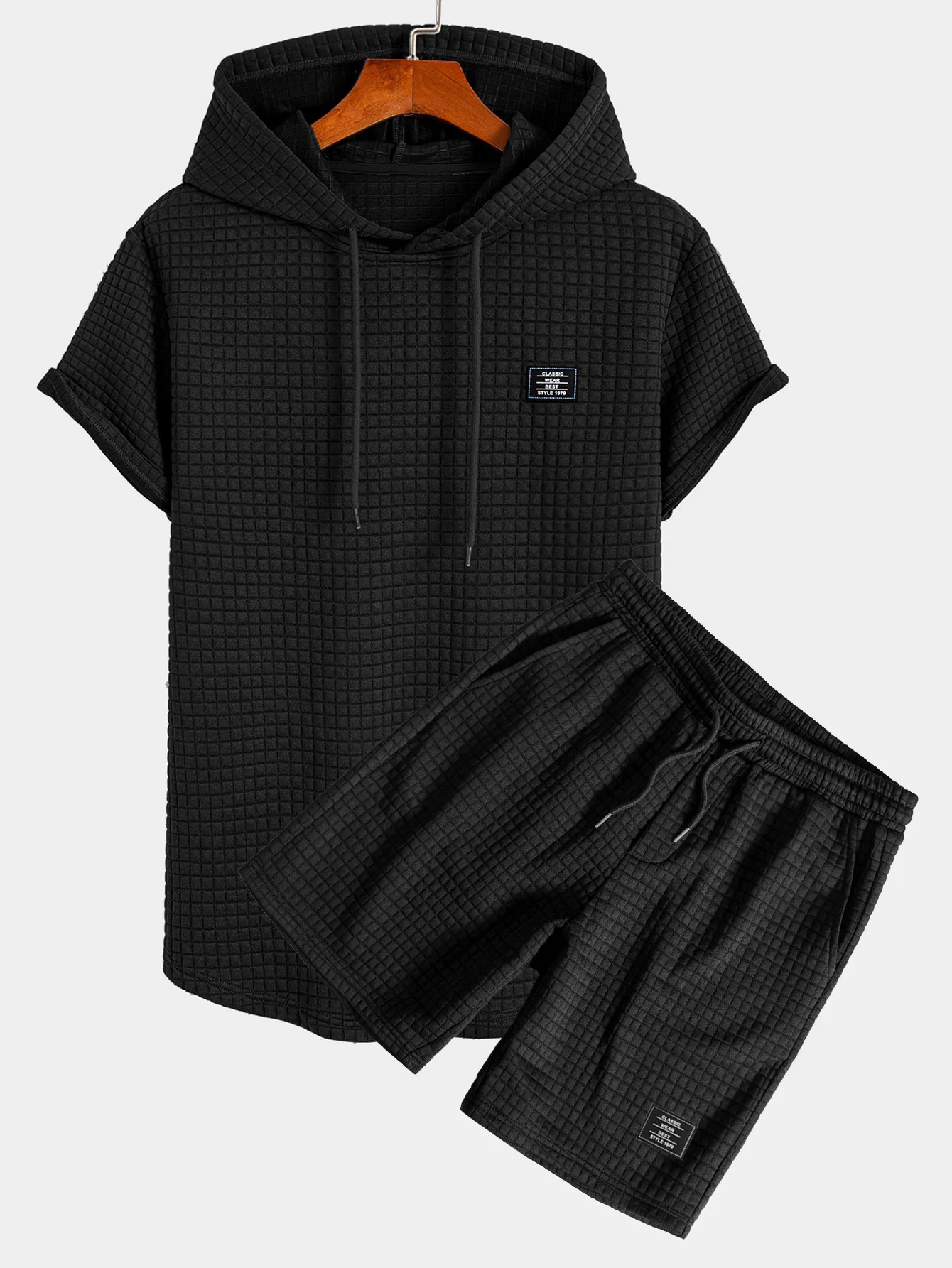 Waffel Kapuzen T-Shirt mit abgerundetem Saum & Waffel Shorts mit Kordelzug