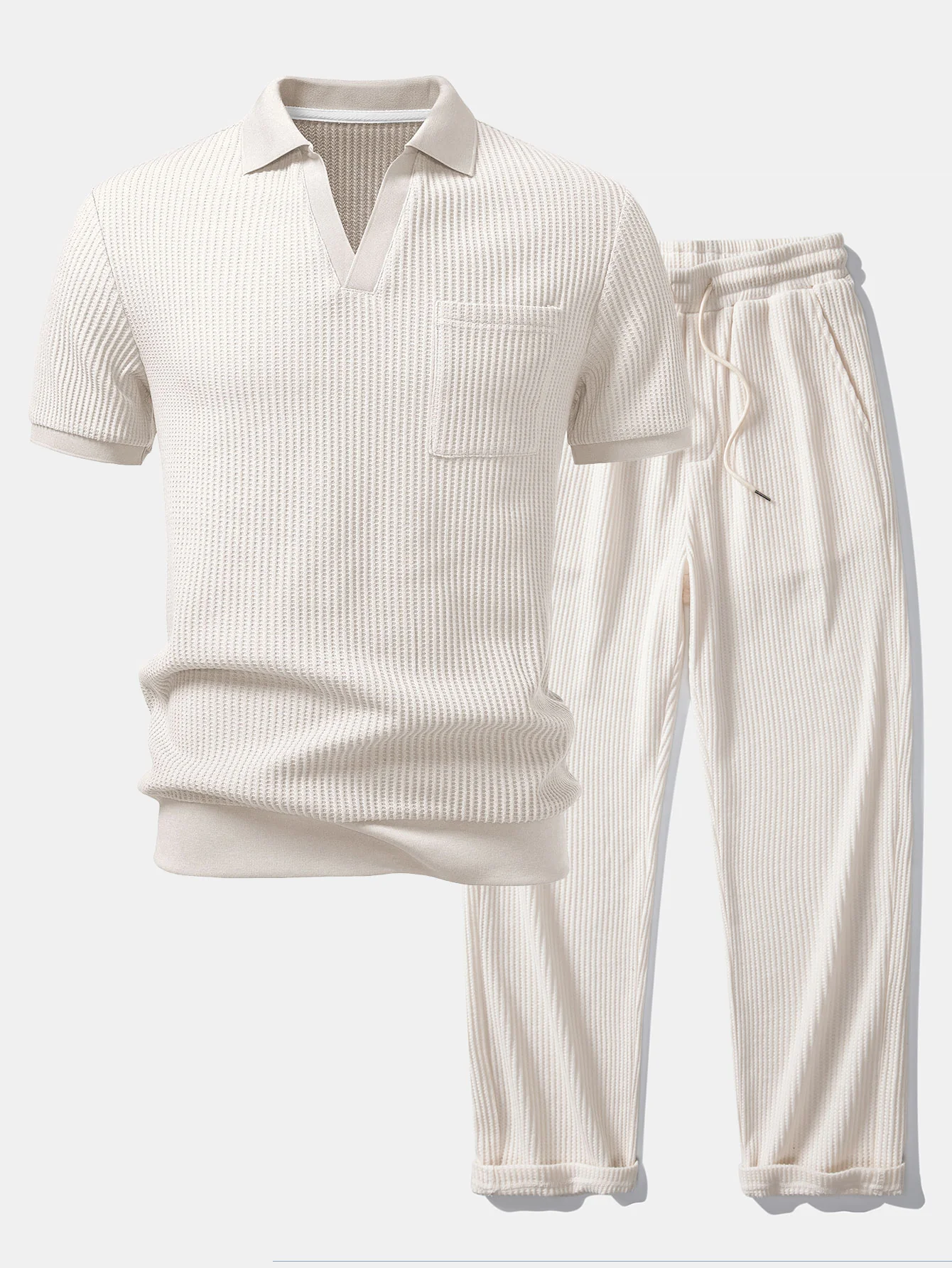 Waffle Johnny Collar Polo With Pocket & Drawstring Knitted Waffle Pants - Image 2